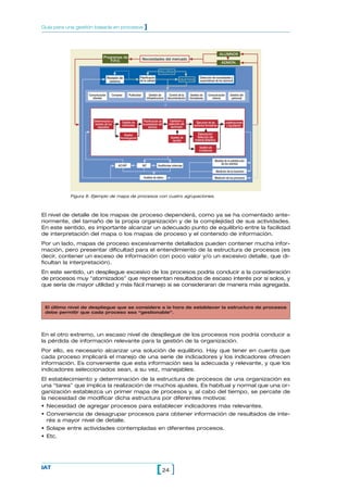 Guía para una gestión basada en procesos                         ]



                                                                                                                                    ALUMNOS
                             Programas de
                                 F.P.O.                         Necesidades del mercado
                                                                                                                                     ADMON.

                                                                                POLLÍTICA
                                 Revisión de                Planificación                                       Detección de necesidades y
                                  sistema                   de la calidad                       OBJETIVOS       expectativas de los alumnos



                  Comunicación      Compras        Publicidad          Gestión de       Control de la   Gestión de     Comunicación          Gestión del
                    clientes                                         infraestructura   documentación    formadores       interna              personal




                     Determinación y          Gestión de         Planificación de        Captación y         Ejecución de las
                      revisión de los                           la prestación del       selección del                                    Justificaciones
                                              solicitudes                                 alumnado         acciones formativas            y liquidación
                        requisitos                                   servicio

                                            Diseño/                                                           Elaboración/
                                          homologación                                   Gestión de          Selección del
                                                                                          ayudas            material didáctico

                                                                                                               Gestión de
                                                                                                               incidencias


                                                                                                                             Medida de la satisfacción
                                                                                                                                 de los clientes
                                        AC/AP                   NC             Auditorias internas
                                                                                                                                 Medición de la inserción
                                                                Análisis de datos                                            Medición de los procesos




           Figura 8. Ejemplo de mapa de procesos con cuatro agrupaciones.



El nivel de detalle de los mapas de proceso dependerá, como ya se ha comentado ante-
riormente, del tamaño de la propia organización y de la complejidad de sus actividades.
En este sentido, es importante alcanzar un adecuado punto de equilibrio entre la facilidad
de interpretación del mapa o los mapas de proceso y el contenido de información.
Por un lado, mapas de proceso excesivamente detallados pueden contener mucha infor-
mación, pero presentar dificultad para el entendimiento de la estructura de procesos (es
decir, contener un exceso de información con poco valor y/o un excesivo detalle, que di-
ficultan la interpretación).
En este sentido, un despliegue excesivo de los procesos podría conducir a la consideración
de procesos muy “atomizados” que representan resultados de escaso interés por sí solos, y
que sería de mayor utilidad y más fácil manejo si se consideraran de manera más agregada.



 El último nivel de despliegue que se considere a la hora de establecer la estructura de procesos
 debe permitir que cada proceso sea “gestionable”.




En el otro extremo, un escaso nivel de despliegue de los procesos nos podría conducir a
la pérdida de información relevante para la gestión de la organización.
Por ello, es necesario alcanzar una solución de equilibrio. Hay que tener en cuenta que
cada proceso implicará el manejo de una serie de indicadores y los indicadores ofrecen
información. Es conveniente que esta información sea la adecuada y relevante, y que los
indicadores seleccionados sean, a su vez, manejables.
El establecimiento y determinación de la estructura de procesos de una organización es
una “tarea” que implica la realización de muchos ajustes. Es habitual y normal que una or-
ganización establezca un primer mapa de procesos y, al cabo del tiempo, se percate de
la necesidad de modificar dicha estructura por diferentes motivos:
• Necesidad de agregar procesos para establecer indicadores más relevantes.
• Conveniencia de desagrupar procesos para obtener información de resultados de inte-
  rés a mayor nivel de detalle.
• Solape entre actividades contempladas en diferentes procesos.
• Etc.




IAT
                                                                             [ 24 ]
 