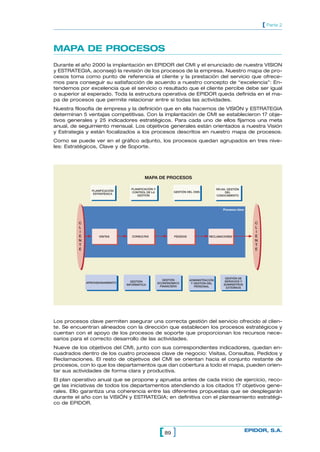 [ Parte 2



MAPA DE PROCESOS
Durante el año 2000 la implantación en EPIDOR del CMI y el enunciado de nuestra VISION
y ESTRATEGIA, aconsejó la revisión de los procesos de la empresa. Nuestro mapa de pro-
cesos toma como punto de referencia el cliente y la prestación del servicio que ofrece-
mos para conseguir su satisfacción de acuerdo a nuestro concepto de “excelencia”: En-
tendemos por excelencia que el servicio o resultado que el cliente percibe debe ser igual
o superior al esperado. Toda la estructura operativa de EPIDOR queda definida en el ma-
pa de procesos que permite relacionar entre sí todas las actividades.
Nuestra filosofía de empresa y la definición que en ella hacemos de VISIÓN y ESTRATEGIA
determinan 5 ventajas competitivas. Con la implantación de CMI se establecieron 17 obje-
tivos generales y 25 indicadores estratégicos. Para cada uno de ellos fijamos una meta
anual, de seguimiento mensual. Los objetivos generales están orientados a nuestra Visión
y Estrategia y están focalizados a los procesos descritos en nuestro mapa de procesos.
Como se puede ver en el gráfico adjunto, los procesos quedan agrupados en tres nive-
les: Estratégicos, Clave y de Soporte.




                                           MAPA DE PROCESOS

                                   PLANIFICACIÓN Y                                      RR.HH, GESTIÓN
                PLANIFICACIÓN                                GESTIÓN DEL CMS
                                   CONTROL DE LA                                             DEL
                 ESTRATÉGICA
                                      GESTIÓN                                           CONOCIMIENTO




                                                                                            Procesos clave



         C                                                                                                      C
         L                                                                                                      L
         I                                                                                                      I
         E          VISITAS         CONSULTAS                PEDIDOS              RECLAMACIONES                 E
         N                                                                                                      N
         T                                                                                                      T
         E                                                                                                      E




                                                                                             GEATIÓN DE
                                                        GESTIÓN        ADMINISTRACIÓN
             APROVISIONAMIENTO     GESTIÓN                                                   SERVICIOS Y
                                                     ECONÓNOMICO        Y GESTIÓN DEL
                                 INFORMÁTICA                                                SUMINISTROS
                                                      FINANCIERA          PERSONAL            EXTERNOS




Los procesos clave permiten asegurar una correcta gestión del servicio ofrecido al clien-
te. Se encuentran alineados con la dirección que establecen los procesos estratégicos y
cuentan con el apoyo de los procesos de soporte que proporcionan los recursos nece-
sarios para el correcto desarrollo de las actividades.
Nueve de los objetivos del CMI, junto con sus correspondientes indicadores, quedan en-
cuadrados dentro de los cuatro procesos clave de negocio: Visitas, Consultas, Pedidos y
Reclamaciones. El resto de objetivos del CMI se orientan hacia el conjunto restante de
procesos, con lo que los departamentos que dan cobertura a todo el mapa, pueden orien-
tar sus actividades de forma clara y productiva.
El plan operativo anual que se propone y aprueba antes de cada inicio de ejercicio, reco-
ge las iniciativas de todos los departamentos atendiendo a los citados 17 objetivos gene-
rales. Ello garantiza una coherencia entre las diferentes propuestas que se desplegarán
durante el año con la VISIÓN y ESTRATEGIA; en definitiva con el planteamiento estratégi-
co de EPIDOR.




                                                     [ 89 ]                                                  EPIDOR, S.A.
 