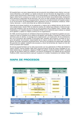 Guía para una gestión basada en procesos                                ]


El hospital tiene una gran dependencia de la evolución tecnológica para ofertar unos ser-
vicios eficientes y de calidad. La rápida evolución de las técnicas de diagnóstico y trata-
miento esta íntimamente relacionada con el aprendizaje y el desarrollo del equipo tecno-
lógico. Este hecho conduce a un ciclo continuo de formación de profesionales, evaluación
de la eficacia y seguridad de las técnicas, así como el valor añadido que aporta al cliente,
y mejora de la tecnología y el equipamiento. De forma complementaria el hospital colabo-
ra en la formación de profesionales tanto sanitarios como no sanitarios (médicos, enfer-
mería, técnicos…) como otra línea de su oferta de servicios.
Además de la larga tradición en la evaluación y mejora de la calidad técnica de los servi-
cios asistenciales, desde 1992 se elaboran planes de calidad que afectan a todos los ser-
vicios del hospital y que se enmarcan en los principios de la Calidad Total, y desde 1995,
Osakidetza y el hospital adoptan el Modelo EFQM como referente para evaluar la calidad
de la gestión y aplicar la mejora continua en la organización.
En 1999, de forma pionera en el Sistema Nacional de Salud, se implanta la gestión por pro-
cesos en todo el hospital como sistema de gestión que facilita e impulsa la mejora de los
servicios para el cliente, la sinergia de la organización y la implicación de los profesiona-
les con el proyecto del hospital. El principal valor añadido del proyecto consiste en la fi-
gura del gestor de proceso, responsable de la mejora continua del mismo, con la dele-
gación de poder necesaria (empowerment). De forma simultánea se desarrollan sistemas
de garantía de calidad, rediseño de procesos y otras herramientas de mejora en los dis-
tintos procesos del hospital.
El avance experimentado se ha visto reconocido con los galardones Q Plata del Gobierno
Vasco (2000), Premio Golden Helix 2001 (reconocimiento anual de mayor prestigio en ca-
lidad asistencial en el Estado), Diploma IHOBE de gestión medioambiental (2001), Hospital
amigo de los Niños 2002 por UNICEF y el Premio Ciudadanía a la calidad de los servicios
Públicos 2002 (reconocimiento bianual mediante el modelo Ciudadanía de Calidad Total).




MAPA DE PROCESOS


                                               DESARROLLO ESTRATEGICO                                                                  MEJORA CONTINUA
               Voz              Voz                                               Gestón Contrato Gestión Contrato
              Cliente      Profesionales   Bench-       Planificación               Programa        a Terceros                Aseguramiento Gestión         Evaluación
                                           marking       estratégica                                                          Normalización    por            EFQM
               Voz            Voz                                                                      Comunicación           de Protocolos Procesos
       Atención Primaria    Sociedad                                              Control de Gestión     Externa




                                                                    HOSPITALIZACION
                             URGENCIAS                       Atención        Atención
                                                                                              URPA                       ATENCIION AL PACIENTE
                                                              Médica         Quirúrgica

                                                                                                                                 Admisión/Alta

                                                            HOSPITALIZACION AMBULATORIA
                                                               HA               HA                                             Servicio Atención
                        CONSULTAS EXTERNAS                    Médica         Quirúrgica Hemodiálisis                           Paciente-Usuario
    Cliente                                                                                                                                                           Cliente

                                                                   APOYO DIAGNOTICO                                            Asistencia Social
                                                                        Análisis Anatomía Pruebas
                                                           Radiología
                                                                        Clínicos Patológica Diagnósticas

                                                                                                                              Asistencia Espiritual
                                                                        REHABILITACION

                                                         DOCENCIA EXTERNA



                                                                  GESTION DE LA
   APOYO CLINICO                 GESTION DE PERSONAS              INFORMACION                 RECURSOS MATERIALES GESTION ECONOMICA                          HOSTELERIA
                                       Salud                                                   Compras       Mantenimiento            Control              Limpieza      Cocina
 Farmacia Esterilización Biblioteca Laboral Formación         Estadística       Informática
                                                                                                                                   Presupuestario
                          Administración Comunicación                                           Adecuación Estructura                                        Bar y
 Banco de Documentación     de personal        Interna             Evaluación de                                                              Tesorería   Restauración Seguridad
                         Planifica docencia Programación                                        Gestión                      Contabilidad Facturación/Cobro
  Sangre      clínica     e investigación     Actividad          la Práctica Clínica           Residuos      Almacén                                        Lavandería Jardinería



Figura 1




Casos Prácticos
                                                                                 [100 ]
 