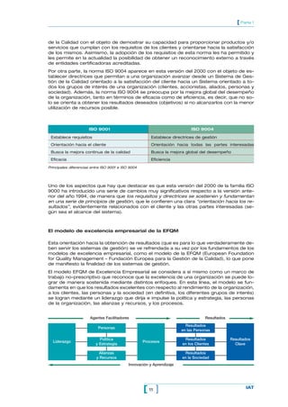 de la Calidad con el objeto de demostrar su capacidad para proporcionar productos y/o
servicios que cumplan con los requisitos de los clientes y orientarse hacia la satisfacción
de los mismos. Asimismo, la adopción de los requisitos de esta norma les ha permitido y
les permite en la actualidad la posibilidad de obtener un reconocimiento externo a través
de entidades certificadoras acreditadas.
Por otra parte, la norma ISO 9004 aparece en esta versión del 2000 con el objeto de es-
tablecer directrices que permitan a una organización avanzar desde un Sistema de Ges-
tión de la Calidad orientado a la satisfacción del cliente hacia un Sistema orientado a to-
dos los grupos de interés de una organización (clientes, accionistas, aliados, personas y
sociedad). Además, la norma ISO 9004 se preocupa por la mejora global del desempeño
de la organización, tanto en términos de eficacia como de eficiencia, es decir, que no so-
lo se orienta a obtener los resultados deseados (objetivos) si no alcanzarlos con la menor
utilización de recursos posible.
11[ ] IAT
[ Parte 1
Uno de los aspectos que hay que destacar es que esta versión del 2000 de la familia ISO
9000 ha introducido una serie de cambios muy significativos respecto a la versión ante-
rior del año 1994, de manera que los requisitos y directrices se sostienen y fundamentan
en una serie de principios de gestión, que le confieren una clara “orientación hacia los re-
sultados”, evidentemente relacionados con el cliente y las otras partes interesadas (se-
gún sea el alcance del sistema).
El modelo de excelencia empresarial de la EFQM
Esta orientación hacia la obtención de resultados (que es para lo que verdaderamente de-
ben servir los sistemas de gestión) se ve refrendada a su vez por los fundamentos de los
modelos de excelencia empresarial, como el modelo de la EFQM (European Foundation
for Quality Management – Fundación Europea para la Gestión de la Calidad), lo que pone
de manifiesto la finalidad de los sistemas de gestión.
El modelo EFQM de Excelencia Empresarial se considera a sí mismo como un marco de
trabajo no-prescriptivo que reconoce que la excelencia de una organización se puede lo-
grar de manera sostenida mediante distintos enfoques. En esta línea, el modelo se fun-
damenta en que los resultados excelentes con respecto al rendimiento de la organización,
a los clientes, las personas y la sociedad (en definitiva, los diferentes grupos de interés)
se logran mediante un liderazgo que dirija e impulse la política y estrategia, las personas
de la organización, las alianzas y recursos, y los procesos.
ISO 9001 ISO 9004
Establece requisitos Establece directrices de gestión
Orientación hacia el cliente Orientación hacia todas las partes interesadas
Busca la mejora continua de la calidad Busca la mejora global del desempeño
Eficacia Eficiencia
Principales diferencias entre ISO 9001 e ISO 9004
Agentes Facilitadores Resultados
Innovación y Aprendizaje
Liderazgo Procesos
Resultados
Clave
Personas
Política
y Estrategia
Alianzas
y Recursos
Resultados
en las Personas
Resultados
en los Clientes
Resultados
en la Sociedad
 