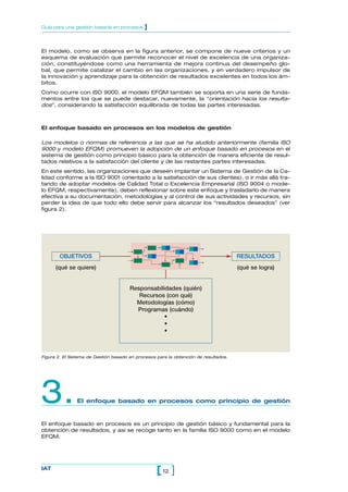 El modelo, como se observa en la figura anterior, se compone de nueve criterios y un
esquema de evaluación que permite reconocer el nivel de excelencia de una organiza-
ción, constituyéndose como una herramienta de mejora continua del desempeño glo-
bal, que permite catalizar el cambio en las organizaciones, y en verdadero impulsor de
la innovación y aprendizaje para la obtención de resultados excelentes en todos los ám-
bitos.
Como ocurre con ISO 9000, el modelo EFQM también se soporta en una serie de funda-
mentos entre los que se puede destacar, nuevamente, la “orientación hacia los resulta-
dos”, considerando la satisfacción equilibrada de todas las partes interesadas.
El enfoque basado en procesos en los modelos de gestión
Los modelos o normas de referencia a las que se ha aludido anteriormente (familia ISO
9000 y modelo EFQM) promueven la adopción de un enfoque basado en procesos en el
sistema de gestión como principio básico para la obtención de manera eficiente de resul-
tados relativos a la satisfacción del cliente y de las restantes partes interesadas.
En este sentido, las organizaciones que deseen implantar un Sistema de Gestión de la Ca-
lidad conforme a la ISO 9001 (orientado a la satisfacción de sus clientes), o ir más allá tra-
tando de adoptar modelos de Calidad Total o Excelencia Empresarial (ISO 9004 o mode-
lo EFQM, respectivamente), deben reflexionar sobre este enfoque y trasladarlo de manera
efectiva a su documentación, metodologías y al control de sus actividades y recursos, sin
perder la idea de que todo ello debe servir para alcanzar los “resultados deseados” (ver
figura 2).
12[ ]IAT
Guía para una gestión basada en procesos ]
OBJETIVOS RESULTADOS
Responsabilidades (quién)
Recursos (con qué)
Metodologías (cómo)
Programas (cuándo)
•
•
•
(qué se quiere) (qué se logra)
3.El enfoque basado en procesos como principio de gestión
El enfoque basado en procesos es un principio de gestión básico y fundamental para la
obtención de resultados, y así se recoge tanto en la familia ISO 9000 como en el modelo
EFQM.
Figura 2. El Sistema de Gestión basado en procesos para la obtención de resultados.
 