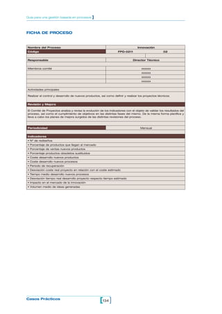134[ ]Casos Prácticos
Guía para una gestión basada en procesos ]
FICHA DE PROCESO
Nombre del Proceso Innovación
Código FPO-0211 02
Responsable Director Técnico
Miembros comité xxxxxx
xxxxxx
xxxxxx
xxxxxx
Actividades principales
Realizar el control y desarrollo de nuevos productos, así como definir y realizar los proyectos técnicos.
Revisión y Mejora
El Comité de Proyectos analiza y revisa la evolución de los indicadores con el objeto de validar los resultados del
proceso, así como el cumplimiento de objetivos en las distintas fases del mismo. De la misma forma planifica y
lleva a cabo los planes de mejora surgidos de las distintas revisiones del proceso.
Periodicidad. Mensual
Indicadores
• Nº de rediseños
• Porcentaje de productos que llegan al mercado
• Porcentaje de ventas nuevos productos
• Porcentaje productos obsoletos sustituidos
• Coste desarrollo nuevos productos
• Coste desarrollo nuevos procesos
• Periodo de recuperación
• Desviación coste real proyecto en relación con el coste estimado
• Tiempo medio desarrollo nuevos procesos
• Desviación tiempo real desarrollo proyecto respecto tiempo estimado
• Impacto en el mercado de la innovación
• Volumen medio de ideas generadas
 
