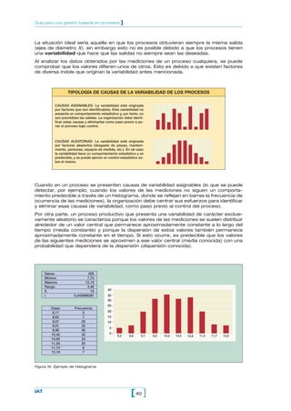 La situación ideal sería aquella en que los procesos obtuvieran siempre la misma salida
(ejes de diámetro X), sin embargo esto no es posible debido a que los procesos tienen
una variabilidad que hace que las salidas no siempre sean las deseadas.
Al analizar los datos obtenidos por las mediciones de un proceso cualquiera, se puede
comprobar que los valores difieren unos de otros. Esto es debido a que existen factores
de diversa índole que originan la variabilidad antes mencionada.
40[ ]IAT
Guía para una gestión basada en procesos ]
Cuando en un proceso se presenten causas de variabilidad asignables (lo que se puede
detectar, por ejemplo, cuando los valores de las mediciones no siguen un comporta-
miento predecible a través de un histograma, donde se reflejan en barras la frecuencia de
ocurrencia de las mediciones), la organización debe centrar sus esfuerzos para identificar
y eliminar esas causas de variabilidad, como paso previo al control del proceso.
Por otra parte, un proceso productivo que presenta una variabilidad de carácter exclusi-
vamente aleatorio se caracteriza porque los valores de las mediciones se suelen distribuir
alrededor de un valor central que permanece aproximadamente constante a lo largo del
tiempo (media constante) y porque la dispersión de estos valores también permanece
aproximadamente constante en el tiempo. Si esto ocurre, es predecible que los valores
de las siguientes mediciones se aproximen a ese valor central (media conocida) con una
probabilidad que dependerá de la dispersión (dispersión conocida).
TIPOLOGÍA DE CAUSAS DE LA VARIABILIDAD DE LOS PROCESOS
CAUSAS ASIGNABLES: La variabilidad está originada
por factores que son identificables. Esta variabilidad no
presenta un comportamiento estadístico y, por tanto, no
son previsibles las salidas. La organización debe identi-
ficar estas causas y eliminarlas como paso previo a po-
ner el proceso bajo control.
CAUSAS ALEATORIAS: La variabilidad está originada
por factores aleatorios (desgaste de piezas, manteni-
miento, personas, equipos de medida, etc.). En tal caso
la variabilidad tiene un comportamiento estadístico y es
predecible, y se puede ejercer un control estadístico so-
bre el mismo.
35
20
15
25
30
40
10
8,2 8,6 9,1 9,5 10,0 10,4 10,8 11,3 11,7 12,2
5
0
Datos: 200
Mínimo 7,73
Máximo 12,19
Rango 4,46
K 10
i 0,445888281
Clase: Frecuencia
8,17 5
8,62 7
9,07 20
9,51 32
9,96 36
10,40 32
10,85 33
11,30 20
11,74 8
12,19 7
Figura 16. Ejemplo de Histograma.
 
