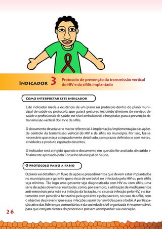 26
Como interpretar este indicador
Este indicador mede a existência de um plano ou protocolo dentro do plano muni-
cipal de saúde ou protocolo, que guiará gestores, incluindo diretores de serviços de
saúde e profissionais de saúde, no nível ambulatorial e hospitalar, para a prevenção da
transmissão vertical do HIV e da sífilis.
O documento deverá ser o marco referencial à implantação/implementação das ações
de controle da transmissão vertical do HIV e da sífilis no município. Por isso, faz-se
necessário que esteja adequadamente detalhado, com prazos definidos e com metas,
atividades e produto esperado descritos.
O indicador será atingido quando o documento em questão for avaliado, discutido e
finalmente aprovado pelo Conselho Municipal de Saúde.
Indicador 3 Protocolo de prevenção da transmissão vertical
do HIV e da sífilis implantado
O protocolo passo a passo
O plano vai detalhar um fluxo de ações e procedimentos que devem estar implantados
no município para garantir que o risco de um bebê ser infectado pelo HIV ou pela sífilis
seja mínimo. Tão logo uma gestante seja diagnosticada com HIV ou com sífilis, uma
série de ações devem ser realizadas, como, por exemplo, a utilização de medicamentos
anti-retrovirais pela mãe e a inibição da lactação, no caso da infecção pelo HIV, e o tra-
tamento com penicilina benzatina pela gestante e pelo parceiro, no caso da sífilis, com
o objetivo de prevenir que essas infecções sejam transmitidas para o bebê. A participa-
ção ativa das lideranças comunitárias e da sociedade civil organizada é recomendável,
para que estejam cientes do processo e possam acompanhar sua execução.
 