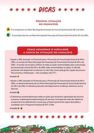 30
Possível situação
do Município
A O município tem um Plano Municipal de Prevenção da Transmissão Vertical do HIV e da Sífilis.
B O município não tem um Plano Municipal de Prevenção da Transmissão Vertical do HIV e da Sífilis.
Como melhorar o indicador
a partir da situação do município
•	Apoiar a SMS, baseado no Protocolo para a Prevenção da Transmissão Vertical de HIV e
Sífilis, na revisão do Plano Municipal de Prevenção da Transmissão Vertical do HIV e da
Sífilis. A revisão servirá para verificar se todas as ações recomendadas para a prevenção
da transmissão vertical do HIV e da sífilis estão contempladas no plano. O referido
protocolo está disponível na internet, no site http://www.aids.gov.br (opção de procura
Documentos e Publicações – lista completa, letra“P”).
SITUAÇÃO A
•	Apoiar a SMS, baseado no Protocolo para a Prevenção da Transmissão Vertical de HIV e
Sífilis, no desenvolvimento de um Plano Municipal de Prevenção da Transmissão Vertical
do HIV e da Sífilis. O referido protocolo está disponível no endereço eletrônico acima
descrito.
SITUAÇÃO B
•	É altamente recomendável que todas as ações que envolvam capacitação de recursos
humanos, implantação/implementação de serviços, formação de redes de referência
assistencial e/ou laboratorial e outras que se façam pertinentes sejam discutidas e
acordadas com o Programa Estadual de DST e Aids.
SITUAÇÕES A B
 