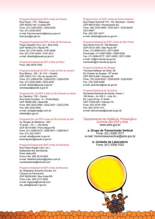 Programa Estadual de DST e Aids do Paraná
Rua Piquiri, 170 – Rebouças
CEP 80230-140 / Curitiba-PR
Fone: (41) 3330-4532 / 3330-4533
Fax: (41) 3330-4533
e-mail: franciscosantos@sesa.pr.gov.br
francisco@pr.gov.br
Programa Estadual de DST e Aids de Pernamuco
Praça Oswaldo Cruz, s/n – Boa Vista
CEP 50050-210 / Recife-PE	
Fone: (81) 3181-6429 / 3181-6428
Fax: (81) 3181-6344 / 3181-2511
e-mail: dstaids@saude.pe.gov.br
Programa Estadual de DST e Aids do Piauí	
Fone: (86) 9976-7093
	
Programa Estadual de DST e Aids do Rio de Janeiro
Rua México, 128 – Sl. 412 – Castelo
CEP 20031-141 / Rio de Janeiro-RJ	
Fone: (21) 2299-9756 / 2299-9755 / 2299-9758
Fax: (21) 2240-2588 / 2533-4226	
e-mail: dstaids@saude.rj.gov.br
acheieppe@saude.rj.gov.br
Programa Est. de DST e Aids do Rio Grande do Norte
Av. Deodoro, 730 – Centro
Rua Santo Euzébio, 9 – Ponta Negra
CEP 59090-585 / Natal-RN	
Fone: (84) 3232-2594 / 3232-2551 / 3223-2784	
Fax: (84) 3232-2594
e-mail: carlaglenda@oi.com.br
dstaids@rn.gov.br
Programa Est. de DST e Aids do Rio Grande do Sul
Av. Borges de Medeiros, 1501
5º andar – Sl. 1 – Ala Norte
CEP 90119-900 / Porto Alegre-RS
Fone: (51) 3288-5910 / 3288-5911 / 3288-5912	
Fax: (51) 3221-6677
e-mail: aids@saude.rs.gov.br
tania-figueiro@saude.rs.gov.br
Programa Estadual de DST e Aids de Rondônia
Rua Padre Angelo Cerri, s/n –
Esplanada das Secretarias
Porto Velho-RO	
Fone e fax: (69) 3216-5254
e-mail: dstaidsrondonia@yahoo.com.br
mendeselianas@hotmail.com
Programa Estadual de DST e Aids de Roraima
Av. Brigadeiro Eduardo Gomes, s/n
Campos do Paricaranã
CEP 69305-650 / Boa Vista-RR
Fone e fax: (95) 2121-0562
e-mail: ihgayao@hotmail.com
dst_aids@saude.rr.gov.br
Programa Est. de DST e Aids de Santa Catarina
Rua Felipe Schimidt 774 – Ed. Montreal – Centro
CEP 88010-002 / Florianópolis-SC
Fone: (48) 3333-0469 / 3333-3221 / 3333-8440/
3221-8467	
Fax: (48) 3221-8411
e-mail: dstaids@saude.sc.gov.br
Programa Estadual de DST e Aids de São Paulo
Rua Santa Cruz 81- Vila Mariana
CEP 04121-000 / São Paulo-SP	
Fone: (11) 5084-6143 / 5571-0855
Prevenção: (11) 5087-9902 / 5084-5236
Fax: (11) 5084-0777 / 5071-0855 / 5571-2360
e-mail: crt@crt.saude.sp.gov.br
mariacalra@crt.saude.sp.gov.br
Programa Estadual de Sergipe
Travessa Baltazar de Góes, 86
Ed. Estado de Sergipe, 18º andar
CEP 49010-460 / Aracaju-SE	
Fone: (79) 3226-8322 / 3226-8326 / 3226-8300
Fax: (79) 3226-8308
e-mail: jasantana@ses.se.gov.br
Programa Estadual de Tocantins
Secretaria Estadual de Saúde, Anexo 1
104 Norte – Av. NS 2 – Lote 30 –
Ed. Lauro Knop, 2º andar
CEP 77000-000 / Palmas-TO
Fone: (63) 3218-1768
Fax: (63) 3218-1731
e-mail: laerciocosta@saude.to.gov.br
Departamento de Vigilância, Prevenção e
Controle das DST e Aids
www.aids.gov.br
a. Grupo de Transmissão Vertical
Fone: (61) 3306-7017
e-mail: transmissaovertical@aids.gov.br
b. Unidade de Laboratório
Fone: (61) 3306-7023
 