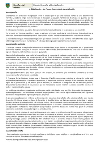 Liceo Forestal
Pehuén

Historia, Geografía y Ciencias Sociales

4°

La Globalización y los Pobres: El concepto de Marginal...