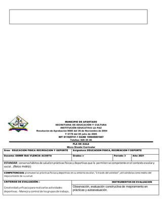 MUNICIPIO DE APARTADO
SECRETARIA DE EDUCACIÓN Y CULTURA
INSTITUCIÓN EDUCATIVA LA PAZ
Resolución de Aprobación 9680 del 26 de Noviembre de 2004
Y 6178 del 05 julio de 2005
NIT 811025741-1 DANE 105045001667
Telefax: 826 25 46
PLA DE AULA
Micro Diseño Curricular
Área: EDUCACION FISICA RECREACION Y DEPORTE Asignatura: EDUCACION FISICA, RECREACION Y DEPORTE
Docente: OSMIR ISAI VLENCIA ACOSTA Grados: 6° Período: 3 Año: 2021
ESTANDAR: conservahábitosde saludenprácticasfísicasy deportivasque le permitense competente enel contextoescolary
social.. (físico motriz)
COMPETENCIAS: promuevelas prácticasfísicasy deportivas en su entorno escolar,“a través del voleibol”,utilizándolascomo medio del
mejoramiento de su salud.
CRITERIOS DE EVALUACIÓN: :
Creatividadyeficaciapararealizarlasactividades
deportivas.- Manejoycontrol de losgruposde trabajo,
INSTRUMENTOS DE EVALUACION
Observación, evaluación constructiva de mejoramiento en
prácticas y autoevaluación.
 