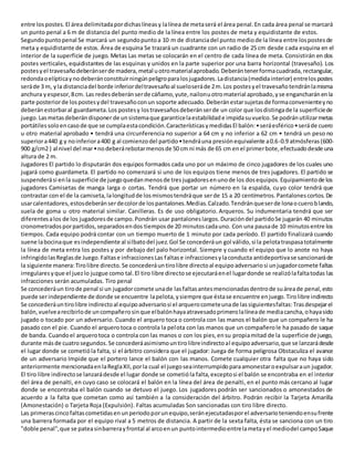 entre lospostes.El área delimitadapordichaslíneasy lalínea de metaserá el área penal.En cada área penal se marcará
un punto penal a 6 m de distancia del punto medio de la línea entre los postes de meta y equidistante de estos.
Segundopuntopenal Se marcará un segundopuntoa 10 m de distanciadel punto mediode la línea entre lospostesde
meta y equidistante de estos. Área de esquina Se trazará un cuadrante con un radio de 25 cm desde cada esquina en el
interior de la superficie de juego. Metas Las metas se colocarán en el centro de cada línea de meta. Consistirán en dos
postes verticales, equidistantes de las esquinas y unidos en la parte superior por una barra horizontal (travesaño). Los
postesyel travesañodeberánserde madera,metal uotromaterialaprobado.Deberántenerformacuadrada,rectangular,
redondaoelípticaynodeberánconstituirningúnpeligroparalosjugadores.Ladistancia(medidainterior) entrelospostes
seráde 3 m, yla distanciadel borde inferiordeltravesañoal sueloseráde 2m.Los postesyel travesañotendránlamisma
anchura yespesor,8cm. Las redesdeberánserde cáñamo,yute,nailonuotromaterial aprobado,yse engancharánenla
parte posteriorde lospostesydel travesañoconun soporte adecuado.Deberánestarsujetasde formaconvenienteyno
deberánestorbaral guardameta.Los postesy lostravesañosdeberánserde un color que losdistingade la superficiede
juego.Lasmetasdeberándisponer de unsistemaque garanticelaestabilidade impidasuvuelco.Se podránutilizarmetas
portátilessoloencasode que se cumplaestacondición.CaracterísticasymedidasEl balón:•seráesférico•seráde cuero
u otro material aprobado • tendrá una circunferencia no superior a 64 cm y no inferior a 62 cm • tendrá un peso no
superiora440 g y noinferiora400 g al comienzodel partido•tendráuna presiónequivalente a0.6-0.9 atmósferas(600-
900 g/cm2 ) al nivel del mar•nodeberárebotarmenosde 50 cm ni más de 65 cm enel primerbote,efectuadodesde una
altura de 2 m.
Jugadores El partido lo disputarán dos equipos formados cada uno por un máximo de cinco jugadores de los cuales uno
jugará como guardameta. El partido no comenzará si uno de los equipos tiene menos de tres jugadores. El partido se
suspenderási enla superficie de juegoquedanmenosde tresjugadoresenunode los dosequipos.Equipamientode los
jugadores Camisetas de manga larga o cortas. Tendrá que portar un número en la espalda, cuyo color tendrá que
contrastar con el de la camiseta,lalongitudde losmismostendráque serde 15 a 20 centímetros.Pantalonescortos.De
usarcalentadores,estosdeberánserdecolorde lospantalones.Medias.Calzado.Tendránqueserde lonaocueroblando,
suela de goma u otro material similar. Canilleras. Es de uso obligatorio. Arqueros. Su indumentaria tendrá que ser
diferentesalos de los jugadoresde campo.Pondrán usar pantaloneslargos.Duracióndel partidoSe jugarán 40 minutos
cronometradosporpartidos,separadosendos tiemposde 20 minutoscadauno. Con una pausade 10 minutosentre los
tiempos. Cada equipo podrá contar con un tiempo muerto de 1 minuto por cada período. El partido finalizará cuando
suene labocinaque esindependiente al silbatodel juez.Gol Se concederáun gol válido,si la pelotatraspasatotalmente
la línea de meta entra los postes y por debajo del palo horizontal. Siempre y cuando el equipo que lo anote no haya
infringidolasReglasde Juego.Faltase infraccionesLas faltase infraccionesylaconducta antideportivase sancionaráde
la siguiente manera:Tirolibre directo.Se concederáuntirolibre directoal equipoadversariosi unjugadorcomete faltas
irregularesyque el juezlo juzgue como tal.El tiro libre directose ejecutaráenel lugardonde se realizólafaltatodas las
infracciones serán acumuladas. Tiro penal
Se concederáun tirode penal si un jugadorcomete unade lasfaltasantesmencionadasdentrode suáreade penal,esto
puede serindependiente de donde se encuentre lapelota,ysiempre que éstase encuentre enjuego.Tirolibre indirecto
Se concederáuntirolibre indirectoal equipoadversariosi el arquerocometeunade lassiguientesfaltas:Trasdespejarel
balón,vuelvearecibirlode uncompañerosinque elbalónhayaatravesadoprimerolalíneade mediacancha,ohayasido
jugado o tocado por un adversario. Cuando el arquero toca o controla con las manos el balón que un compañero le ha
pasado con el pie. Cuando el arquerotoca o controla la pelota con las manos que un compañerole ha pasado de saque
de banda. Cuandoel arquerotoca o controla con las manos o con los pies,ensu propiamitad de la superficie de juego,
durante másde cuatrosegundos.Se concederáasimismountirolibreindirectoal equipoadversario,que se lanzarádesde
el lugar donde se cometióla falta, si el árbitro considera que el jugador: Juega de forma peligrosa Obstaculiza el avance
de un adversario Impide que el portero lance el balón con las manos. Comete cualquier otra falta que no haya sido
anteriormente mencionadaenlaReglaXII,porla cual el juegoseainterrumpidoparaamonestaroexpulsaraun jugador.
El tiro libre indirectose lanzarádesde el lugar donde se cometióla falta,exceptosi el balón se encontraba en el interior
del área de penalti, en cuyo caso se colocará el balón en la línea del área de penalti, en el punto más cercano al lugar
donde se encontraba el balón cuando se detuvo el juego. Los jugadores podrán ser sancionados o amonestados de
acuerdo a la falta que cometan como así también a la consideración del árbitro. Podrán recibir la Tarjeta Amarilla
(Amonestación) o Tarjeta Roja (Expulsión). Faltas acumuladas Son sancionadas con tiro libre directo.
Las primerascincofaltascometidasenunperiodoporunequipo,seránejecutadasporel adversarioteniendoensufrente
una barrera formada por el equipo rival a 5 metros de distancia. A partir de la sexta falta, ésta se sanciona con un tiro
"doble penal",que se pateasinbarrerayfrontal al arcoenun puntointermedioentrelametayel mediodel campoSaque
 