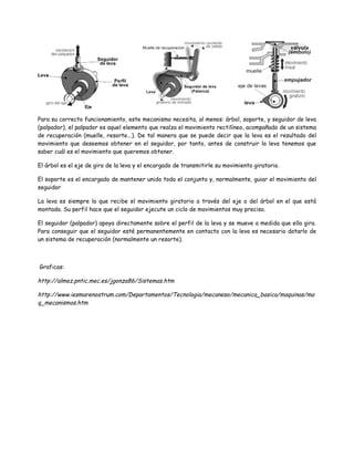 Para su correcto funcionamiento, este mecanismo necesita, al menos: árbol, soporte, y seguidor de leva
(palpador), el palpador es aquel elemento que realza el movimiento rectilíneo, acompañado de un sistema
de recuperación (muelle, resorte...). De tal manera que se puede decir que la leva es el resultado del
movimiento que deseemos obtener en el seguidor, por tanto, antes de construir la leva tenemos que
saber cuál es el movimiento que queremos obtener.

El árbol es el eje de giro de la leva y el encargado de transmitirle su movimiento giratorio.

El soporte es el encargado de mantener unido todo el conjunto y, normalmente, guiar el movimiento del
seguidor

La leva es siempre la que recibe el movimiento giratorio a través del eje o del árbol en el que está
montada. Su perfil hace que el seguidor ejecute un ciclo de movimientos muy preciso.

El seguidor (palpador) apoya directamente sobre el perfil de la leva y se mueve a medida que ella gira.
Para conseguir que el seguidor esté permanentemente en contacto con la leva es necesario dotarlo de
un sistema de recuperación (normalmente un resorte).



Graficas:

http://almez.pntic.mec.es/jgonza86/Sistemas.htm

http://www.iesmarenostrum.com/Departamentos/Tecnologia/mecaneso/mecanica_basica/maquinas/ma
q_mecanismos.htm
 