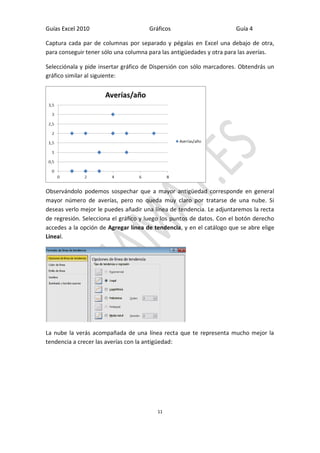 Guías Excel 2010 Gráficos Guía 4 
11 
Captura cada par de columnas por separado y pégalas en Excel una debajo de otra, para conseguir tener sólo una columna para las antigüedades y otra para las averías. 
Selecciónala y pide insertar gráfico de Dispersión con sólo marcadores. Obtendrás un gráfico similar al siguiente: 
Observándolo podemos sospechar que a mayor antigüedad corresponde en general mayor número de averías, pero no queda muy claro por tratarse de una nube. Si deseas verlo mejor le puedes añadir una línea de tendencia. Le adjuntaremos la recta de regresión. Selecciona el gráfico y luego los puntos de datos. Con el botón derecho accedes a la opción de Agregar línea de tendencia, y en el catálogo que se abre elige Lineal. 
La nube la verás acompañada de una línea recta que te representa mucho mejor la tendencia a crecer las averías con la antigüedad:  