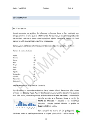 Guías Excel 2010 Gráficos Guía 4 
13 
COMPLEMENTOS 
PICTOGRAMAS 
Los pictogramas son gráficos de columnas en los que éstas se han sustituido por dibujos alusivos al tema que se está tratando. Por ejemplo, si estudiamos producción de petróleo, cada barra puede sustituirse por un barril o una pila de barriles. En Excel es muy sencillo crear pictogramas. Sigue estos pasos: 
Construye un gráfico de columnas a partir de unos datos. Por ejemplo, a partir de 
Número de árboles plantados 
Enero 
23 
Febrero 
55 
Marzo 
120 
Abril 
89 
Mayo 
56 
Junio 
44 
Julio 
32 
Agosto 
38 
Septiembre 
60 
Octubre 
60 
Noviembre 
44 
Diciembre 
30 
se puede construir un gráfico de columnas. 
Lo más rápido es que selecciones estos datos en este mismo documento y los copies en Excel con Copiar y Pegar. A partir de ellos construye un gráfico de columnas que sea más bien ancho, como el siguiente. Puedes señalar la Serie de datos y con el botón derecho acceder a su formato. Busca la opción de Ancho de Intervalo y redúcelo a un porcentaje pequeño. También puedes cambiar el grado de Superposición de series. 
Para convertir las barras en un pictograma, debemos tener archivada previamente la imagen que sustituirá cada columna,  