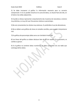 Guías Excel 2010 Gráficos Guía 4 
21 
3) Se debe incorporar al gráfico la información necesaria para su correcta comprensión. Si no es posible incluirla en la zona de datos, se situará fuera de ella, en el texto o las celdas adyacentes. 
4) Cuando se desea representar conjuntamente dos muestras de naturaleza y número muy distintas, es muy útil usar frecuencias relativas o porcentajes. 
5) No son convenientes los rótulos muy extensos. Es preferible el uso de abreviaturas. 
6) No se deben usar gráficos de áreas en estudios sencillos, pues pueden interpretarse mal. 
7) En gráficos de porcentajes debe verse con claridad el nivel 100. 
8) Las líneas del gráfico se deben destacar bien de las de rayado. Si es necesario, se cambia su grosor. 
9) Si el gráfico no contiene datos numéricos, se debe acompañar de una tabla que contenga dichos datos. 
