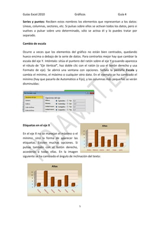 Guías Excel 2010 Gráficos Guía 4 
5 
Series y puntos: Reciben estos nombres los elementos que representan a los datos: 
Líneas, columnas, sectores, etc. Si pulsas sobre ellos se activan todos los datos, pero si 
vuelves a pulsar sobre uno determinado, sólo se activa él y lo puedes tratar por 
separado. 
Cambio de escala 
Ocurre a veces que los elementos del gráfico no están bien centrados, quedando 
hueco encima o debajo de la serie de datos. Para centrarlos mejor hay que cambiar la 
escala del eje Y. Inténtalo: sitúa el puntero del ratón sobre el eje Y y cuando aparezca 
el rótulo de “Eje Vertical”, haz doble clic con el ratón (o usa el botón derecho y usa 
Formato de eje). Se abrirá una ventana con opciones. Señala la pestaña Escala y 
cambia el mínimo, el máximo o cualquier otro dato. En el ejemplo se ha cambiado el 
mínimo (hay que pasarlo de Automático a Fijo), y las columnas más pequeñas se verán 
disminuidas: 
Etiquetas en el eje X 
En el eje X no se manejan el máximo o el 
mínimo, sino la forma de aparecer las 
etiquetas. Existen muchas opciones. Si 
pulsas también con el botón derecho, 
accederás a todas ellas. En la imagen 
siguiente se ha cambiado el ángulo de inclinación del texto: 
2 
4 
6 
8 
10 
12 
Enero febrero marzo abril mayo junio 
Altas 
2 
4 
6 
8 
10 
12 
Altas 
 
