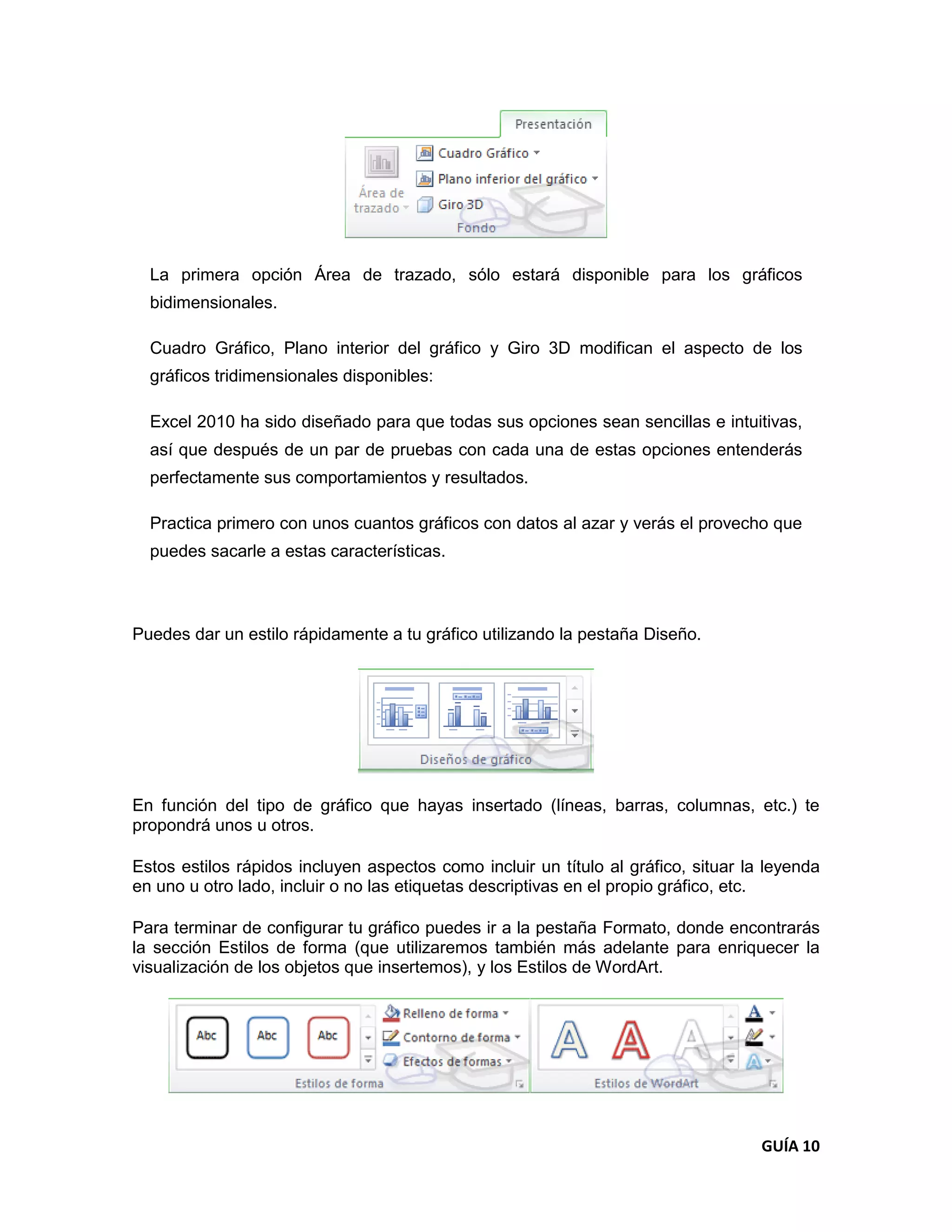 La primera opción Área de trazado, sólo estará disponible para los gráficos
  bidimensionales.

  Cuadro Gráfico, Plano interior del gráfico y Giro 3D modifican el aspecto de los
  gráficos tridimensionales disponibles:

  Excel 2010 ha sido diseñado para que todas sus opciones sean sencillas e intuitivas,
  así que después de un par de pruebas con cada una de estas opciones entenderás
  perfectamente sus comportamientos y resultados.

  Practica primero con unos cuantos gráficos con datos al azar y verás el provecho que
  puedes sacarle a estas características.



Puedes dar un estilo rápidamente a tu gráfico utilizando la pestaña Diseño.




En función del tipo de gráfico que hayas insertado (líneas, barras, columnas, etc.) te
propondrá unos u otros.

Estos estilos rápidos incluyen aspectos como incluir un título al gráfico, situar la leyenda
en uno u otro lado, incluir o no las etiquetas descriptivas en el propio gráfico, etc.

Para terminar de configurar tu gráfico puedes ir a la pestaña Formato, donde encontrarás
la sección Estilos de forma (que utilizaremos también más adelante para enriquecer la
visualización de los objetos que insertemos), y los Estilos de WordArt.




                                                                                    GUÍA 10
 