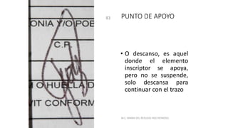 PUNTO DE APOYO
83
• O descanso, es aquel
donde el elemento
inscriptor se apoya,
pero no se suspende,
solo descansa para
continuar con el trazo
M.C. MARIA DEL REFUGIO HDZ REYNOSO.
 