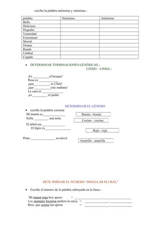 escribe la palabra antónima y sinónima.-
palabra Sinónimo Antónimo
Bello
Delicioso
Pequeño
Voracidad
Exterminar
Morral
Ornato
Rauda
Umbral
Cegado
• DETERMINAR TERMINACIONES GENÉRICAS.-
LINDO – LINDA.-
¡Es __________el bosque!
Rosa es ____________
¡que__________ es Chile!
¡que __________este mañana!
La casa es _____________
¡es _________ el jardín
DETERMINAR EL GÉNERO
• escribe la palabra correcta
Mi mamá es______________
Sofía _________ una torta
El árbol era ______________
El lápiz es________________
Pinto _______________ su móvil
DETE RMINAR EL NÚMERO “SINGULAR PLURAL”
• Escribe el número de la palabra subrayada en la línea.-
Mi mamá trajo hoy queso = ________________, __________________
Los animales hicieron pedazo la cerca = ______________, ______________
Ríos, que corren tan aprisa = _______________, _____________
Bonito - bonita
Cocina – cocino.
Rojo - roja
Amarillo - amarilla
 