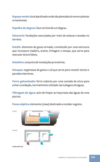 Espaço verde: local ajardinado onde são plantadas árvores e plantas 
ornamentais. 
Espelho de degrau: face vertical de um degrau. 
Estacaria: fundações executadas por meio de estacas cravadas no 
terreno. 
Estafe: elemento de gesso armado, constituído por uma estrutura 
que incorpora madeira, arame, linhagem e estopa, que serve para 
executar tectos falsos. 
Estaleiro: conjunto de instalações provisórias. 
Estuque: argamassa de gesso e cal que serve para revestir tectos e 
paredes interiores. 
Ferro galvanizado: ferro coberto por uma camada de zinco para 
evitar a oxidação, normalmente utilizado nas tubagens de águas. 
Filtragem de água: acto de limpar as impurezas das águas de uma 
piscina. 
Fossa séptica: elemento (caixa) destinado a receber esgotos. 
aPREnda a linGuaGEM da ConstRução 139 
CoRtE 
Planta 
FOssA séPTICA 
 