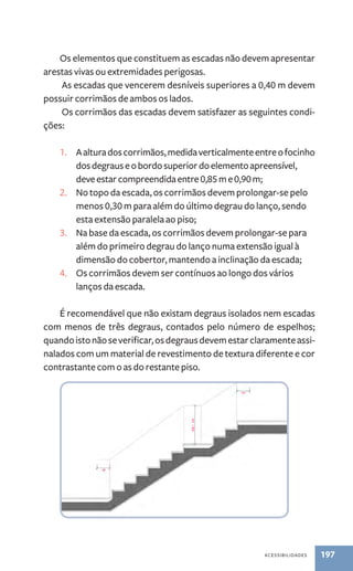 Os elementos que constituem as escadas não devem apresentar 
acessibilidades 197 
arestas vivas ou extremidades perigosas. 
As escadas que vencerem desníveis superiores a 0,40 m devem 
possuir corrimãos de ambos os lados. 
Os corrimãos das escadas devem satisfazer as seguintes condi-ções: 
1. A altura dos corrimãos, medida verticalmente entre o focinho 
dos degraus e o bordo superior do elemento apreensível, 
deve estar compreendida entre 0,85 m e 0,90 m; 
2. No topo da escada, os corrimãos devem prolongar-se pelo 
menos 0,30 m para além do último degrau do lanço, sendo 
esta extensão paralela ao piso; 
3. Na base da escada, os corrimãos devem prolongar-se para 
além do primeiro degrau do lanço numa extensão igual à 
dimensão do cobertor, mantendo a inclinação da escada; 
4. Os corrimãos devem ser contínuos ao longo dos vários 
lanços da escada. 
É recomendável que não existam degraus isolados nem escadas 
com menos de três degraus, contados pelo número de espelhos; 
quando isto não se verificar, os degraus devem estar claramente assi-nalados 
com um material de revestimento de textura diferente e cor 
contrastante com o as do restante piso. 
 