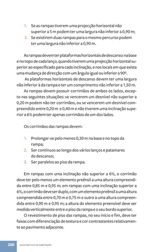1. Se as rampas tiverem uma projecção horizontal não 
superior a 5 m podem ter uma largura não inferior a 0,90 m; 
2. Se existirem duas rampas para o mesmo percurso podem 
ter uma largura não inferior a 0,90 m. 
As rampas devem ter plataformas horizontais de descanso: na base 
e no topo de cada lanço, quando tiverem uma projecção horizontal su-perior 
ao especificado para cada inclinação, e nos locais em que exista 
uma mudança de direcção com um ângulo igual ou inferior a 90º. 
As plataformas horizontais de descanso devem ter uma largura 
não inferior à da rampa e ter um comprimento não inferior a 1,50 m. 
As rampas devem possuir corrimãos de ambos os lados, excep-to 
nas seguintes situações: se vencerem um desnível não superior a 
0,20 m podem não ter corrimãos, ou se vencerem um desnível com-preendido 
entre 0,20 m e 0,40 m e não tiverem uma inclinação supe-rior 
a 6% podem ter apenas corrimãos de um dos lados. 
Os corrimãos das rampas devem: 
1. Prolongar-se pelo menos 0,30 m na base e no topo da 
rampa; 
2. Ser contínuos ao longo dos vários lanços e patamares 
de descanso; 
3. Ser paralelos ao piso da rampa. 
Em rampas com uma inclinação não superior a 6%, o corrimão 
deve ter pelo menos um elemento preênsil a uma altura compreendi-da 
entre 0,85 m e 0,95 m; em rampas com uma inclinação superior a 
6%, o corrimão deve ser duplo, com um elemento preênsil a uma altura 
compreendida entre 0,70 m e 0,75 m e outro a uma altura compreen-dida 
entre 0,90 m e 0,95 m; a altura do elemento preensível deve ser 
medida verticalmente entre o piso da rampa e o seu bordo superior. 
O revestimento de piso das rampas, no seu início e fim, deve ter 
faixas com diferenciação de textura e cor contrastantes relativamen-te 
ao pavimento adjacente. 
200 guia prático da habitação 
 