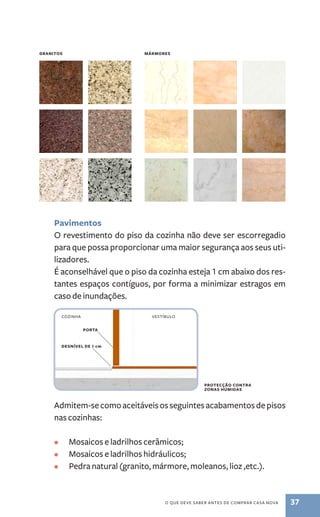 granitos mármores 
Pavimentos 
O revestimento do piso da cozinha não deve ser escorregadio 
para que possa proporcionar uma maior segurança aos seus uti-lizadores. 
É aconselhável que o piso da cozinha esteja 1 cm abaixo dos res-tantes 
espaços contíguos, por forma a minimizar estragos em 
protecção contra 
zonas húmidas 
cozinha vestíbulo 
o que deve saber antes de comprar casa nova 37 
caso de inundações. 
porta 
desnível de 1 cm 
Admitem­‑se 
como aceitáveis os seguintes acabamentos de pisos 
nas cozinhas: 
• Mosaicos e ladrilhos cerâmicos; 
• Mosaicos e ladrilhos hidráulicos; 
• Pedra natural (granito, mármore, moleanos, lioz ,etc.). 
 
