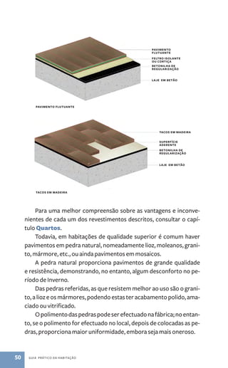 Para uma melhor compreensão sobre as vantagens e inconve-nientes 
de cada um dos revestimentos descritos, consultar o capí-tulo 
Quartos. 
Todavia, em habitações de qualidade superior é comum haver 
pavimentos em pedra natural, nomeadamente lioz, moleanos, grani-to, 
mármore, etc., ou ainda pavimentos em mosaicos. 
A pedra natural proporciona pavimentos de grande qualidade 
e resistência, demonstrando, no entanto, algum desconforto no pe-ríodo 
de Inverno. 
Das pedras referidas, as que resistem melhor ao uso são o grani-to, 
a lioz e os mármores, podendo estas ter acabamento polido, ama-ciado 
ou vitrificado. 
O polimento das pedras pode ser efectuado na fábrica; no entan-to, 
se o polimento for efectuado no local, depois de colocadas as pe-dras, 
proporciona maior uniformidade, embora seja mais oneroso. 
50 guia prático da habitação 
pavimento 
flutuante 
feltro isolante 
ou cortiça 
betonilha de 
regularização 
laje em betão 
pavimento flutuante 
taco s em madeira 
superfície 
aderente 
betonilha de 
regularização 
laje em betão 
taco s em madeira 
 