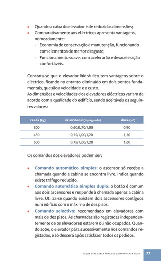 • Quando a caixa do elevador é de reduzidas dimensões; 
• Comparativamente aos eléctricos apresenta vantagens, 
nomeadamente: 
- Economia de conservação e manutenção, funcionando 
com elementos de menor desgaste; 
- Funcionamento suave, com acelerarão e desaceleração 
confortáveis. 
Constata­‑ 
se que o elevador hidráulico tem vantagens sobre o 
eléctrico, ficando no entanto diminuído em dois pontos funda-mentais, 
que são a velocidade e o custo. 
As dimensões e velocidades dos elevadores eléctricos variam de 
acordo com a qualidade do edifício, sendo aceitáveis os seguin-tes 
o que deve saber antes de comprar casa nova 77 
valores: 
carga (kg) velocidade (m/segundo) Área (m2) 
300 0,60/0,70/1,00 0,90 
450 0,75/1,00/1,20 1,30 
600 0,75/1,00/1,20 1,60 
Os comandos dos elevadores podem ser: 
• Comando automático simples: o ascensor só recebe a 
chamada quando a cabina se encontra livre. Indica quando 
existe tráfego reduzido. 
• Comando automático simples duplo: o botão é comum 
aos dois ascensores e responde à chamada apenas a cabina 
livre. Utiliza­‑ 
se quando existem dois ascensores contíguos 
num edifício com o máximo de dez pisos. 
• Comando selectivo: recomendado em elevadores com 
mais de dez pisos. As chamadas são registadas independen-temente 
de os elevadores estarem ou não ocupados. Quan-do 
sobe, o elevador pára sucessivamente nos comandos re-gistados, 
e só descerá após satisfazer todos os pedidos. 
 