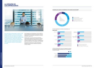 LAOPINIÓNDELOSEMPRESARIOS
14 Guía del Mercado Laboral 2016 Guía del Mercado Laboral 2016 15
Por sector profesional, los sectores más optimistas son:
LA OPINIÓN DE
LOS EMPRESARIOS
Este año hemos entrevistado a más de 1.700
perfiles de RRHH y de toma de decisiones
de distintas áreas de negocio en España. El
objetivo era conocer opiniones realistas sobre
las características y lagunas del Mercado
Laboral y la forma en que las empresas han
lidiado con estos condicionantes durante
2015, explicando también lo que esperan
de 2016.
De las empresas que han participado, un 51% son PyME, un
43% Gran Empresa y un 6% Start-up. Del total, un 67% son
empresa final y un 33% empresa intermediaria (consultoría,
distribuidora, agencia, etc.)
Podríamos decir que existe cierto clima de optimismo,
aunque todavía moderado, entre las empresas. En general,
suben los porcentajes de las empresas que creen que el
mercado ha mejorado (un poco, mucho o completamente) y
bajan los que opinan que no ha mejorado o que empeorará.
Destacamos el aumento de 7% a 10% el porcentaje de
empresas que creen que han finalizado la situación de
crisis por completo.
¿Consideras que tu empresa ya ha finalizado el ciclo económico menos favorable?
No, todavía empeorará
No estamos bien, pero no empeorará
La situación ha mejorado un poco
La situación ha mejorado mucho
Hemos superado la crisis por completo
No, todavía empeorará
No estamos bien, pero no empeorará
La situación ha mejorado un poco
La situación ha mejorado mucho
Hemos superado la crisis por completo
Dato sectorial:
Al 74% de empresas que creen que ha mejorado la situación
del mercado les hemos preguntado cómo han mejorado en
tres áreas principales:
84 16Facturación
66 34
Número
empleados
58 42
Expansión
Internacional
Sí No
Alimentación 50
18
14
Automoción 49
25
7
Industrial 52
18
7
Tecnología
/Internet
41
21
14
Retail/Bienes
de Consumo
48
17
11
Salud/
Servicios Médicos/
Médico-sanitario
47
13
16
Químico 48
18
10
La situación ha mejorado un poco
La situación ha mejorado mucho
Hemos superado la crisis por completo
7
19
47
17
10
 