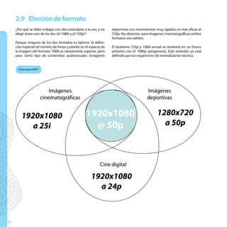 2.9 Elección de formato
     ¿Por qué se debe trabajar con dos estándares a la vez, y no     deportivas con movimientos muy rápidos) es más eficaz el
     elegir entre uno de los dos (el 1080i y el 720p)?               720p. No obstante, para imágenes cinematográficas ambos
                                                                     formatos son válidos.
     Porque ninguno de los dos formatos es óptimo: la defini-
     ción espacial (el número de líneas y píxeles en el espacio de   El dualismo 720p y 1080i actual se resolverá en un futuro
     la imagen) del formato 1080i es obviamente superior, pero       próximo con el 1080p (progresivo). Este estándar ya está
     para cierto tipo de contenidos audiovisuales (imágenes          definido por los organismos de normalización técnica.


       El formato HDTV




                             Imágenes                                                      Imágenes
                         cinematográficas                                                  deportivas


         1920x1080                                   1920x1080                                   1280x720
            a 25i                                      @ 50p                                       a 50p



                                                              Cine digital

                                                        1920x1080
                                                          a 24p



26
 