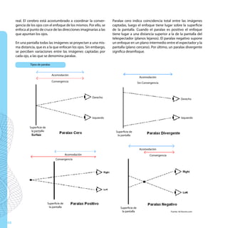 real. El cerebro está acostumbrado a coordinar la conver-          Paralax cero indica coincidencia total entre las imágenes
     gencia de los ojos con el enfoque de los mismos. Por ello, se      captadas, luego el enfoque tiene lugar sobre la superficie
     enfoca al punto de cruce de las direcciones imaginarias a las      de la pantalla. Cuando el paralax es positivo el enfoque
     que apuntan los ojos.                                              tiene lugar a una distancia superior a la de la pantalla del
                                                                        telespectador (planos lejanos). El paralax negativo supone
     En una pantalla todas las imágenes se proyectan a una mis-         un enfoque en un plano intermedio entre el espectador y la
     ma distancia, que es a la que enfocan los ojos. Sin embargo,       pantalla (plano cercano). Por último, un paralax divergente
     se perciben variaciones entre las imágenes captadas por            significa desenfoque.
     cada ojo, a las que se denomina paralax.

               Tipos de paralax


                                  Acomodación
                                                                                              Acomodación
                                  Convergencia                                               Sin Convergencia



                                                            Derecho
                                                                                                                              Derecho




                                                            Izquierdo                                                          Izquierdo


              Superficie de
               la pantalla                                                Superficie de
                                                                           la pantalla



                                                                                              Acomodación
                                              Acomodación                                             Convergencia
                                    Convergencia




                              Superficie de
                               la pantalla                                   Superficie de
                                                                              la pantalla                            Fuente: 3d-forums.com




68
 