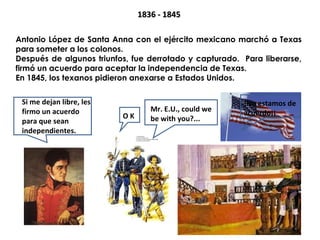 11883366 -- 11884455 
Antonio López de Santa Anna con el ejército mexicano marchó a Texas 
para someter a los colonos. 
Después de algunos triunfos, fue derrotado y capturado. Para liberarse, 
firmó un acuerdo para aceptar la independencia de Texas. 
En 1845, los texanos pidieron anexarse a Estados Unidos. 
Si me dejan libre, les 
firmo un acuerdo 
para que sean 
independientes. 
O K 
Mr. E.U., could we 
be with you?... 
!No estamos de 
acuerdo¡¡ 
 