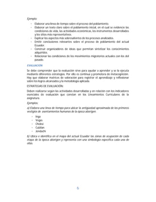 6	
Ejemplo:
· Elaborar una línea de tiempo sobre el proceso del poblamiento.
· Elaborar un texto claro sobre el poblamiento inicial, en el cual se evidencie las
condiciones de vida, las actividades económicas, los instrumentos desarrollados
y los sitios más representativos.
· Explicar los aspectos más sobresalientes de los procesos analizados.
· Emitir conclusiones relevantes sobre el proceso de poblamiento del actual
Ecuador.
· Construir organizadores de ideas que permitan sintetizar los conocimientos
adquiridos.
· Relacionar las condiciones de los movimientos migratorios actuales con los del
pasado.
EVALUACIÓN		
Se debe comprender que la evaluación sirve para ayudar a aprender y se la ejecuta
mediante diferentes estrategias. Por ello es continua y promotora de metacognición.
Hay que elaborar matrices de valoración para registrar el aprendizaje y reflexionar
sobre los logros alcanzados y la metodología aplicada.
ESTRATEGIAS DE EVALUACIÓN:
Deben realizarse según las actividades desarrolladas y en relación con los indicadores
esenciales de evaluación que constan en los Lineamientos Curriculares de la
asignatura.
Ejemplos:
a) Elabora una línea de tiempo para ubicar la antigüedad aproximada de los primeros
vestigios de asentamientos humanos de la época aborigen.
· Inga
· Vegas
· Chobsi
· Cubilan
· Jondachi
b) Ubica e identifica en el mapa del actual Ecuador las zonas de ocupación de cada
etapa de la época aborigen y representa con una simbología específica cada una de
ellas.
 