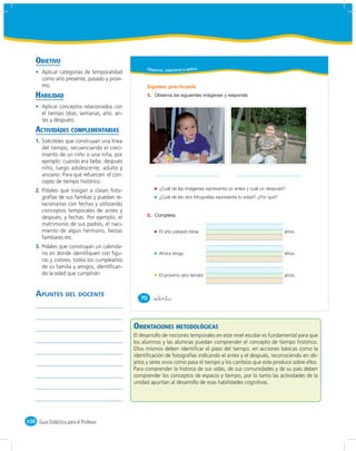 OBJETIVO
                                                    Obser vo, relaciono y aplico
       Aplicar categorías de temporalidad
       como año presente, pasado y próxi-
       mo.                                          Sigamos practicando
    HABILIDAD                                       1.

       Aplicar conceptos relacionados con
       el tiempo (días, semanas, año, an-
       tes y después).
    ACTIVIDADES COMPLEMENTARIAS
    1. Solicíteles que construyan una línea
       del tiempo, secuenciando el creci-
       miento de un niño o una niña, por
       ejemplo: cuando era bebe, después
       niño, luego adolescente, adulto y
       anciano. Para que refuercen el con-
       cepto de tiempo histórico.
    2. Pídales que traigan a clases foto-                  ¿Cuál de las imágenes representa un antes y cuál un después?
       grafías de sus familias y puedan re-                ¿Cuál de las dos fotografías representa tu edad? ¿Por qué?
       lacionarlas con fechas y utilizando
       conceptos temporales de antes y
       después; y fechas. Por ejemplo, el           2.
       matrimonio de sus padres, el naci-
       miento de algún hermano, ﬁestas                     El año pasado tenía                                          años.
       familiares etc.
    3. Pídales que construyan un calenda-
       rio en donde identiﬁquen con ﬁgu-                   Ahora tengo                                                  años.
       ras y colores, todos los cumpleaños
       de su familia y amigos, identiﬁcan-
       do la edad que cumplirán.                           El próximo año tendré                                        años.



    APUNTES DEL DOCENTE                          70      &setenta



                                              ORIENTACIONES METODOLÓGICAS
                                              El desarrollo de nociones temporales en este nivel escolar es fundamental para que
                                              los alumnos y las alumnas puedan comprender el concepto de tiempo histórico.
                                              Ellos mismos deben identiﬁcar el paso del tiempo, en acciones básicas como la
                                              identiﬁcación de fotografías indicando el antes y el después, reconociendo en ob-
                                              jetos y seres vivos como pasa el tiempo y los cambios que este produce sobre ellos.
                                              Para comprender la historia de sus vidas, de sus comunidades y de su país deben
                                              comprender los conceptos de espacio y tiempo, por lo tanto las actividades de la
                                              unidad apuntan al desarrollo de esas habilidades cognitivas.




100 Guía Didáctica para el Profesor
 