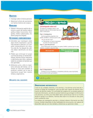 OBJETIVOS
       Investigar sobre la historia personal.
       Relacionar la fecha de nacimientos
       con hechos históricos de la época.                          Descubro y aprendo
    HABILIDAD                                           ¡Investigando sobre mí!
       Obtener información explícita de su              Te invitamos a investigar sobre tu vida
       entorno a partir de fuentes orales y             siguiendo cada uno de los pasos que se te
       gráﬁcas dadas (narraciones, foto-                pide a continuación.
       grafías, medios audiovisuales), me-                   1.
       diante preguntas dirigidas.                        Haz las siguientes preguntas a tus
    ACTIVIDADES COMPLEMENTARIAS                         padres, familiares o persona que te cuida:
                                                             ¿En qué año nací?
    1. Solicíteles que investiguen sobre                     ¿Recuerdan un hecho importante
       algún hecho importante o que les                      ocurrido en el país ese año?
       haya llamado la atención y lo com-                    2.
       paren temporalmente con otros,                     Con la información que te dieron tus padres, familiar o persona que te cuida,
       fue antes de, fue después de, ade-               deberás completar la siguiente tabla:
       más deben identiﬁcarlo con día y                            Año en que nací
                                                                                                     Dibujo de un hecho importante
       mes.                                                                                                 ocurrido ese año

    2. Pídales que construyan en grupo
       una línea de tiempo, en donde iden-
       tiﬁquen distintas fechas importante
       o signiﬁcativa para ellos y apliquen
       todos los conceptos temporales que
       han aprendido.
    3. Reﬂexione junto a ellos la impor-
       tancia del paso del tiempo: con el
       tiempo se crece pero también se
                                                             3.
       producen cambios, por lo que es
                                                          Comenta con tus compañeros y compañeras sobre las cosas importantes
       importante ocupar bien nuestro
                                                        que ocurrieron el año que nacieron.
       tiempo y organizarnos.

                                                   78   &setenta y &ocho
    APUNTES DEL DOCENTE

                                                ORIENTACIONES METODOLÓGICAS
                                                Como en las unidades anteriores, a los alumnos y las alumnas se les trata de in-
                                                centivar el trabajo de investigación, para que ellos sean capaces de obtener infor-
                                                mación de distintos medios. En la actividad de la página son sus propios padres la
                                                fuente de información, son ellos los actores históricos que entregan la información
                                                a los alumnos. Los niños y las niñas deben darse cuenta de que viven en un mundo
                                                donde el tiempo no se detiene, mientras ellos están en la escuela en otras parte
                                                están sucediendo cosas.
                                                Los trabajos de investigación permiten a niños(as) obtener información por ellos
                                                mismos, también desarrollar en ellos habilidades de comunicación y ser capaces de
                                                desarrollar cada vez con más claridad y coherencias sus opiniones e ideas.



108 Guía Didáctica para el Profesor
 