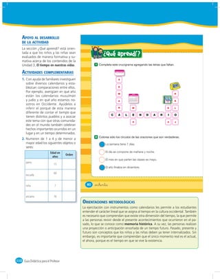 APOYO AL DESARROLLO
    DE LA ACTIVIDAD
    La sección ¿Qué aprendí? está orien-
    tada a que los niños y las niñas sean
    evaluados de manera formativa y su-
                                                             ¿ Qué aprendí ?
    mativa acerca de los contenidos de la
    Unidad 3, El tiempo en nuestras vidas.             1

    ACTIVIDADES COMPLEMENTARIAS                                        L M M J V S D
                                                                        1 2 3 4 5 6 7




    1. Con ayuda de familiares investiguen                                 S
       sobre diversos calendarios y esta-
       blezcan comparaciones entre ellos.                                  E                                                           8:00
       Por ejemplo, averigüen en qué año
                                                                           M                                                           R
       están los calendarios musulmán
                                                                                                   ENERO
                                                                                             L M M J V S D
                                                                                                         1 2 3
                                                                                             4 5 6 7 8 9 10

       y judío y en qué año estamos no-                                    A
                                                                                            11 12 13 14 15 16 17
                                                                                            18 19 20 21 22 24 24
                                                                                            25 26 27 28 29 30 31                       E
       sotros en Occidente. Ayúdelos a
       inferir el porqué de esta manera                                    N                       M                               D    L

       diferente de contar el tiempo que
                                                                   C       A            L          E               N   D   A   R   I   O
       tienen distintos pueblos y a asociar
       este tema con que otras comunida-                                                           S                               A    J
       des en el mundo también celebran
       hechos importantes ocurridos en un
       lugar y en un tiempo determinados.
                                                       2
    2. Numeren de 1 a 4 y de menor a
       mayor edad los siguientes objetos o                     La semana tiene 7 días.
       seres:
                           Edad en                             El día se compone de mañana y noche.
                                      Orden
                            años
                                                               El mes en que parten las clases es mayo.
       perro
                              15
                                                               El año finaliza en diciembre.
                              60
       escuela


       niña                   7                  80    &ochenta

       anciano                76
                                              ORIENTACIONES METODOLÓGICAS
                                              La ejercitación con instrumentos como calendarios les permite a los estudiantes
                                              entender el carácter lineal que se asigna al tiempo en la cultura occidental. También
                                              es necesario que comprendan que existe otra dimensión del tiempo, la que permite
                                              a las personas revivir desde el presente acontecimientos que ocurrieron en el pa-
                                              sado, lo que se conoce como memoria histórica. A su vez, las personas realizan
                                              una proyección o anticipación ensoñada de un tiempo futuro. Pasado, presente y
                                              futuro son conceptos que los niños y las niñas deben ya tener internalizados. Sin
                                              embargo, es importante que comprendan que el único momento real es el actual,
                                              el ahora, porque es el tiempo en que se vive la existencia.




110 Guía Didáctica para el Profesor
 