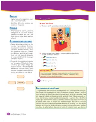 OBJETIVOS
       Aplicar categorías de posición relati-         Reconozco y localizo

       vas a una imagen dada.
       Localizar diferentes objetos que               Mi sala de clases
       existen en el espacio.
                                                      1.
    HABILIDAD
       Orientarse en el espacio, utilizando
       categorías de ubicación relativas
       (derecha, izquierda, lejos, cerca, de-
       lante, detrás, arriba, abajo, adentro,
       afuera).

    ACTIVIDADES COMPLEMENTARIAS
    1. Salgan al patio y nombren sus ele-
       mentos y alrededores. Describan
       su ubicación usando las categorías
       izquierda, derecha, delante y atrás;
       por ejemplo: el casino está a la dere-
       cha del patio, la oﬁcina de la inspec-         2.
       toría está a la izquierda del patio,
       el kiosco está delante de los juegos                                    de la niña.
       infantiles, etcétera.
                                                                               de la niña.
    2. Siguiendo el modelo de esta página
       del Texto para el Estudiante, hagan                                   de la niña.
       un dibujo que indique el lugar que
                                                                              de la niña.
       ocupa la escuela y ubiquen aquellos
       elementos, construcciones o ediﬁ-
       cios que lo rodean, usando los con-
       ceptos aprendidos en esta página.
                                                        Para             en el espacio utilizamos                    . Estos
                                                        pueden ser objetos, como mesas, casas y edificios, o elementos de la
                                                        naturaleza, como un árbol o la cordillera.


                                                   86      &ochenta y &seis
                     ESCUELA



                                                ORIENTACIONES METODOLÓGICAS
                                                La página 86 del Texto para el Estudiante presenta una actividad donde niños y ni-
                                                ñas trabajan con las categorías de ubicación derecha, izquierda, delante y atrás. Es
                                                importante que las dos primeras sean reforzadas antes de iniciar la actividad. Para
                                                ello se puede trabajar con los elementos de la sala de clase. El docente puede po-
                                                nerse delante de sus estudiantes, dándoles la espalda, y jugar con ellos a identiﬁcar
                                                objetos que se encuentran tanto a su derecha como a su izquierda, de modo que
                                                el ejemplo opere como un espejo. Es la misma razón por la que en la ilustración
                                                del Texto para el Estudiante los personajes aparecen de espaldas. Esto también los
                                                guía con las categorías detrás y delante, porque en conjunto las cuatro resultan
                                                complejas de aplicar y todo depende del punto de vista del sujeto que observa.



124 Guía Didáctica para el Profesor
 