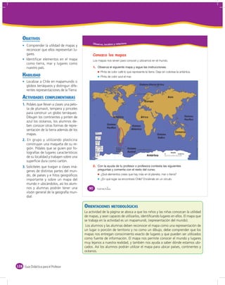 OBJETIVOS
                                                     Obser vo, localizo y relaciono
       Comprender la utilidad de mapas y
       reconocer que ellos representan lu-
       gares.                                        Conozco los mapas
       Identificar elementos en el mapa              Los mapas nos sirven para conocer y ubicarnos en el mundo.
       como tierra, mar y lugares como
       nuestro país.                                 1.
                                                           Pinta de color café lo que represente la tierra. Deja sin colorear la antártica.
    HABILIDAD                                              Pinta de color azul el mar.
       Localizar a Chile en mapamundis o
                                                                                                Océano Glacial Ártico
       globos terráqueos y distinguir dife-
       rentes representaciones de la Tierra.

    ACTIVIDADES COMPLEMENTARIAS                                                                                         Asia
                                                                                                     Europa
    1. Pídales que llevan a clases una pelo-
       ta de plumavit, tempera y pinceles
       para construir un globo terráqueo.
       Dibujen los continentes y pinten de                             América                   África                              Océano
                                                                                                                                     Pacífico
       azul los océanos, los alumnos de-
                                                                 Océano
       ben conocer otras formas de repre-                        Pacífico
                                                                                          Océano
       sentación de la tierra además de los                                              Atlántico
                                                                                                                               Oceanía
       mapas.                                                                                                 Océano
                                                                                                              Índico
    2. En grupo y utilizando plasticina
       construyan una maqueta de su re-
       gión. Pídales que se guíen por fo-                                             Océano
                                                                                      Austral
       tografías de lugares característicos
                                                                                                      Antártica
       de su localidad y trabajen sobre una
       superﬁcie dura como cartón.
    3. Solicíteles que traigan a clases imá-         2.
       genes de distintas partes del mun-
       do, de países y e hitos geográﬁcos                  ¿Qué elementos crees que hay más en el planeta, mar o tierra?
       importante y sobre un mapa del                      ¿En qué lugar se encontrará Chile? Enciérralo en un círculo.
       mundo ir ubicándolos, así los alum-
       nos y alumnas podrán tener una             90      noventa
       visión general de la geografía mun-
       dial.

                                               ORIENTACIONES METODOLÓGICAS
                                               La actividad de la página se aboca a que los niños y las niñas conozcan la utilidad
                                               de mapas, y sean capaces de utilizarlos, identiﬁcando lugares en ellos. El mapa que
                                               se trabaja en la actividad es un mapamundi, (representación del mundo).
                                                Los alumnos y las alumnas deben reconocer el mapa como una representación de
                                               un lugar o porción de territorio y no como un dibujo, debe comprender que los
                                               mapas nos entregan conocimiento exacto de lugares y que pueden ser utilizados
                                               como fuente de información. El mapa nos permite conocer el mundo y lugares
                                               muy lejanos a nuestra realidad, y también nos ayuda a saber dónde estamos ubi-
                                               cados. Así los alumnos podrán utilizar el mapa para ubicar países, continentes y
                                               océanos.



128 Guía Didáctica para el Profesor
 