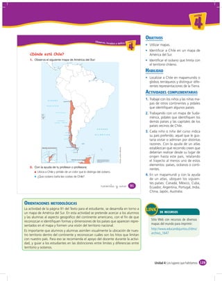 un id ad



                                                                                                                                                                                                                                                                          4
                                                                                                                                                                                                                                      OBJETIVOS
                                                                                                                                                  Obser vo,
                                                                                                                                                                                     localizo y aplico u ni da d
                                                                                                                                                                                                          un ida d



                                                                                                                                                                                                                                 4      Utilizar mapas.
                                                                                                                                                                                                                                        Identiﬁcar a Chile en un mapa de
    ¿Dónde está Chile?                                                                                                                                                                                                                  América del Sur.
    1.                                                                                                                                                                                                                                  Identiﬁcar el océano que limita con
                                                                                                                                                                                                                                        el territorio chileno.
                                                                                                                                                                                                                                      HABILIDAD
                                                                                                                                                                                                                                        Localizar a Chile en mapamundis o
                                                                                                                                                                                                                                        globos terráqueos y distinguir dife-
                                                                                                                                                                                                                                        rentes representaciones de la Tierra.
                                                                                                                                                                                                                                      ACTIVIDADES COMPLEMENTARIAS
                              O C É A N O
                                                                                                                                                                                                                                      1. Trabaje con los niños y las niñas ma-
                                                                                                                                                                                                                                         pas de otros continentes y pídales
                             P A C Í F I C O
                                                                                                                                                                                                                                         que identiﬁquen algunos países.
            Isla Salas
             y Gómez
              (CHILE
                                                            Isla San Félix     Isla San Ambrosio

                                                                                                                                                                                                                                      2. Trabajando con un mapa de Suda-
            Isla de Pascua
                (CHILE)
                                                                                                                                                                                                                                         mérica, pídales que identiﬁquen los
                                                                  Arch. Juan Fernández

                                                         I.Alejandro Selkirk       I. Robinson Crusoe                                                                                                                                    demás países y las capitales de los
                                                                                           Pta. Lavapie
                                                                                            t
                                                                                                                                                                                                                                         países vecinos de Chile.
                                                                                                                                                    O C É A N O

                                                                                              Isla Chiloé
                                                                                                                                                                                                                                      3. Cada niño o niña del curso indica
                                                                                          Arch. Chonos                                            A T L Á N T I C O
                                                                                                                                                                                                                                         su país preferido, aquel que le gus-
                                                                                          Golfo de Penas

                                                                                                                                                                                                                                         taría visitar o admiran por distintas
                                                                                                                                                                                                                                         razones. Con la ayuda de un atlas
                                                                                                                                                                                                                                         establezcan qué recorrido creen que
                                                                                                                                                                                                    Fuente: archivo editorial.




                                                                                                   Estrecho de Magallanes
                                                                                                                      nes
                                                                                                                        s


                                                                                                                            C. de Hornos

                                                                                                                  Is. Dgo. Ramírez

                                                                                                                            Paso Drake
                                                                                                                                                                                                                                         deberían realizar desde su lugar de
                                                     s
                                                  in
                                                 gin




                                                                                                                                                                                                                                         origen hasta este país, relatando
                                               ig
                                              ig
                                             H
                                            'H
                                           O
                                        de
                                     rra
                                  Tie




                             Polo S
                                  Sur
                                                                                                                   TERRITORIO CHILENO ANTÁRTICO

                                                                                                        Círculo Polar Antártico
                                                                                                                                         ÁRTICO
                                                                                                                                         ÁRTICO
                                                                                                                                         ÁRTICO
                                                                                                                                            ICO
                                                                                                                                              O     “ACUERDO ENTRE LA REPÚBLICA DE CHILE Y LA
                                                                                                                                                    REPÚBLICA ARGENTINA PARA PRECISAR EL
                                                                                                                                                    RECORRIDO DEL LÍMITE DESDE EL MONTE FITZ-
                                                                                                                                                    ROY HASTA EL CERRO DAUDET”. (Buenos Aires, 16
                                                                                                                                                              T
                                                                                                                                                    de diciembre de 1998).
                                                                                                                                                                                                                                         el trayecto al menos uno de estos
                                                                                                                                                                                                                                         elementos: países, océanos o conti-
    2.
                                                                                                                                                                                                                                         nentes.
         Ubica a Chile y píntalo de un color que lo distinga del océano.
         ¿Que océano baña las costas de Chile?
                                                                                                                                                                                                                                      4. En un mapamundi y con la ayuda
                                                                                                                                                                                                                                         de un atlas, ubiquen los siguien-
                                                                                                                                                                                                                                         tes países: Canadá, México, Cuba,
                                                                                                                                                                 noventa y &uno                                                  91      Ecuador, Argentina, Portugal, India,
                                                                                                                                                                                                                                         China, Japón, Australia.


ORIENTACIONES METODOLÓGICAS
La actividad de la página 91 del Texto para el estudiante, se desarrolla en torno a
un mapa de América del Sur. En esta actividad se pretende acercar a los alumnos                                                                                                                                                                 DE RECURSOS
y las alumnas al aspecto geográﬁco del continente americano, con el ﬁn de que
reconozcan e identiﬁquen formas y dimensiones de los países que aparecen repre-
sentados en el mapa y formen una visión del territorio nacional.
Es importante que alumnos y alumnas asimilen visualmente la ubicación de nues-
tro territorio dentro del continente y reconozcan cuáles son los hitos que limitan
con nuestro país. Para eso se recomienda el apoyo del docente durante la activi-
dad, y guiar a los estudiantes en las distinciones entre límites y diferencias entre
territorio y océanos.



                                                                                                                                                                                                                                            Unidad 4: Los lugares que habitamos 129
 