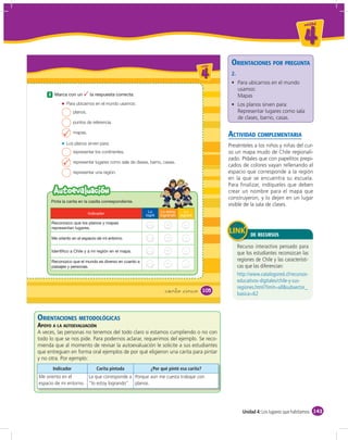 un id ad



                                                                                                                                           4
                                                                                      u ni da dd
                                                                                         un ida
                                                                                                    ORIENTACIONES POR PREGUNTA
                                                                                         4          2.

                                                                                                         usamos:
    2                                                                                                    Mapas
              Para ubicarnos en el mundo usamos:                                                             planos sirven para:
                    planos.                                                                              Representar lugares como sala
                                                                                                         de clases, barrio, casas.
                    puntos de referencia.

                    mapas.
                                                                                                   ACTIVIDAD COMPLEMENTARIA
              Los planos sirven para:                                                              Presénteles a los niños y niñas del cur-
                    representar los continentes.                                                   so un mapa mudo de Chile regionali-
                                                                                                   zado. Pídales que con papelitos prepi-
                    representar lugares como sala de clases, barrio, casas.
                                                                                                   cados de colores vayan rellenando el
                    representar una región.                                                        espacio que corresponde a la región
                                                                                                   en la que se encuentra su escuela.
                                                                                                   Para ﬁnalizar, indíqueles que deben
        Autoevaluación                                                                             crear un nombre para el mapa que
                                                                                                   construyeron, y lo dejen en un lugar
                                                                                                   visible de la sala de clases.




                                                                                                                DE RECURSOS

                                                                                                         Recurso interactivo pensado para
                                                                                                         que los estudiantes reconozcan las
                                                                                                         regiones de Chile y las característi-
                                                                                                         cas que las diferencian:
                                                                                                         http://www.catalogored.cl/recursos-
                                                                                                         educativos-digitales/chile-y-sus-
                                                                                                         regiones.html?limit=all&subsector_
                                                                     &ciento &cinco       105
                                                                                                         basica=62



ORIENTACIONES METODOLÓGICAS
APOYO A LA AUTOEVALUACIÓN
A veces, las personas no tenemos del todo claro si estamos cumpliendo o no con
todo lo que se nos pide. Para podernos aclarar, requerimos del ejemplo. Se reco-
mienda que al momento de revisar la autoevaluación le solicite a sus estudiantes
que entreguen en forma oral ejemplos de por qué eligieron una carita para pintar
y no otra. Por ejemplo:
        Indicador               Carita pintada               ¿Por qué pinté esa carita?
Me oriento en el       La que corresponde a Porque aún me cuesta trabajar con
espacio de mi entorno. “lo estoy logrando”. planos.




                                                                                                           Unidad 4: Los lugares que habitamos 143
 