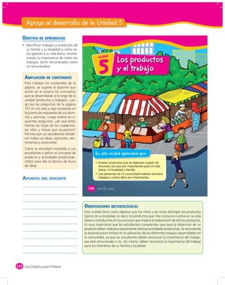 Apoyo al desarrollo de la Unidad 5

    OBJETIVO DE APRENDIZAJE
       Identiﬁcar trabajos y productos de
       su familia y su localidad y cómo es-
       tos aportan a su vida diaria, recono-
                                                         u n id a d
       ciendo la importancia de todos los
                                                                        Los productos
       trabajos, tanto remunerados como
       no remunerados.


      AMPLIACIÓN DE CONTENIDOS
                                                         5              y el trabajo
      Para trabajar los contenidos de la
      página, se sugiere al docente que
      anote en la pizarra los conceptos
      que se desarrollarán a lo largo de la
      unidad (productos y trabajos). Lue-
      go lea las preguntas de la página
      107 en voz alta y vaya anotando en
      la pizarra las respuestas de sus alum-
      nos y alumnas. Luego realice las si-
      guientes preguntas: ¿de qué están
      hechas las hojas de los cuadernos,
      las sillas y mesas que ocupamos?
      Permita que sus estudiantes verbali-
      cen todas sus ideas, opiniones, sen-
      timientos y emociones.
      Cierre la actividad invitando a sus
      estudiantes a deﬁnir el concepto de              En esta unidad aprenderé que:
      producto y actividades productivas.
      Utilice para ello la técnica de lluvia
      de ideas.


    APUNTES DEL DOCENTE
                                                 106    &ciento &seis



                                               ORIENTACIONES METODOLÓGICAS
                                               Esta unidad tiene como objetivo que los niños y las niñas distingan los productos
                                               típicos de su localidad, es decir, los productos que más consume o utiliza en su vida
                                               diaria e introducirlos en los procesos que implica la elaboración de dichos productos.
                                               Es muy importante que los estudiantes comprendan que para la obtención de un
                                               producto deben realizarse previamente diversas actividades productivas. Se recomienda
                                               al docente poner énfasis en la valoración de los diferentes trabajos desarrollados en
                                               la comunidad, ya que los estudiantes deben reconocer la importancia del trabajo,
                                               sea este remunerado o no. Así mismo, deben reconocer la importancia del trabajo
                                               para los miembros de su familia y localidad.




152 Guía Didáctica para el Profesor
 