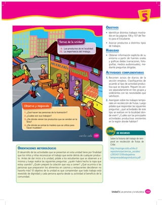 un id ad



                                                                                                                              5
                                                                                        OBJETIVOS
                                                                                          Identiﬁcar distintos trabajos mostra-
                                                                                          dos en las páginas 106 y 107 del Tex-
                                                                                          to para el Estudiante.
                                         Temas de la unidad                               Asociar productos a distintos tipos
                                                                                          de trabajos.
                                          9. Los productos de mi localidad.
                                         10. La importancia del trabajo.                HABILIDAD
                                                                                          Obtener información explícita de su
                                                                                          entorno a partir de fuentes orales
                                                                                          y gráﬁcas dadas (narraciones, foto-
                                MUE                                                       grafías, medios audiovisuales), me-
                                   BLE
                                      RÍA                                                 diante preguntas dirigidas.

                                                                                        ACTIVIDADES COMPLEMENTARIAS
                                                                                        1. Recorten avisos de diarios de la
                                                                                           sección empleos. Clasifíquenlos de
                                                                                           acuerdo al tipo de actividad produc-
                                                                                Yogur      tiva que se requiere. Peguen los avi-
                                                                                Leche      sos separadamente en tres grupos y
                                                                                           ordénenlos con las necesidades que
                                                                                           satisfacen.
                                                                                        2. Averigüen sobre los trabajos tempo-
                                                                                           rales en recolección de frutas. Luego
      Observo y respondo                                                                   pídales que respondan las siguientes
                                                                                           preguntas: ¿qué actividades de este
      1.                                                                                   tipo se realizan en la localidad don-
      2.                                                                                   de viven? ¿Cuáles son las principales
      3.                                                                                   actividades productivas existentes
                                                                                           en la región donde habitan?
      4.


                                                                                                  DE RECURSOS
                                                             &ciento &siete   107




ORIENTACIONES METODOLÓGICAS
El desarrollo de las actividades que se presentan en esta unidad tiene por ﬁnalidad
que los niños y niñas reconozcan el trabajo que existe detrás de cualquier produc-
to. Antes de dar inicio a la unidad, pídale a los estudiantes que se observen a sí
mismos y luego realice las siguientes preguntas: ¿quién habrá hecho la ropa que
estoy usando? ¿Quién preparó la colación que voy a comer? ¿Qué ocurriría si las
personas que prepararon los alimentos en casinos y restaurantes decidieran no
hacerlo más? El objetivo de la unidad es que comprendan que todo trabajo está
revestido de dignidad y cada persona aporta desde su actividad al beneﬁcio de la
comunidad.




                                                                                             Unidad 5: Las personas y la naturaleza 153
 