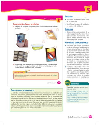 un id ad



                                                                                                                                      5
                                                                                                OBJETIVOS
                                                           Obser vo y                  da d
                                                                                     un ida d
                                                                        comprendo u ni
                                                                                         5        Reconocer productos que son parte
                                                                                                  de su diario vivir.
   Reconociendo algunos productos                                                                 Identiﬁcar el consumo de productos
   1.                                                                                             en nuestra vida cotidiana.

                                                                                                HABILIDAD
                                                                                                  Obtener información explícita de su
                                                                                                  entorno a partir de fuentes orales y
                                                                                                  gráﬁcas dadas (narraciones, foto-
                                                                                                  grafías, medios audiovisuales), me-
                                                                                                  diante preguntas dirigidas.

                                                                                                ACTIVIDADES COMPLEMENTARIAS
                                                                                                1. Solicíteles que traigan a clases re-
                                                                                                   cortes de diferentes productos y los
                                                                                                   peguen en una hoja de bloc. Lue-
                                                                                                   go escriba en la pizarra dos tipos
                                                                                                   de recursos o elementos naturales
                                                                                                   de los cuales se elaboran dichos
                                                                                                   productos. Ayúdelos a clasiﬁcar sus
                                                                                                   productos en aquellos de origen
                                                                                                   vegetal o de origen animal. La idea
                                                                                                   es introducir a los estudiantes en
                                                                                                   reconocer que los productos deri-
   2.                                                                                              van de diversos recursos naturales.
                                                                                                2. Realicen actividades manuales
                                                                                                   usando elementos: con verduras
                                                                                                   y frutas cortadas hagan ensala-
                                                                                                   das y postres; con trozos de la-
                                                                                                   nas pueden hacer pulseras tren-
        Cada          elaborado que ves a tu alrededor es el resultado del                         zándolas; con palitos de helados
        de muchas personas.                                                                        pueden construir un portalápices.


                                                                &ciento &nueve           109
                                                                                                          DE RECURSOS



ORIENTACIONES METODOLÓGICAS
La actividad tiene como objetivos que los alumnos reconozcan los productos que
consumen diariamente, pero es importante que el docente profundice en el con-
cepto de producto. Alumnos y alumnas deben tener claro que los productos que
estamos estudiando son los que derivan de elementos y podemos acceder a ellos
gracias al trabajo de muchas personas que participan en su elaboración. La idea
es que sean conscientes de todo el proceso que permitió la elaboración de un
producto. Por ejemplo: si queremos beber leche, debemos ordeñar una vaca para
extraer su leche y como no es recomendable beberla recién sacada, hay empresas
que la hierven y envasan para poder consumirla.




                                                                                                     Unidad 5: Las personas y la naturaleza 155
 