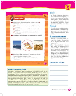 un id ad



                                                                                                                                     5
                                                                                               OBJETIVO
                                                                                  u ni da dd
                                                                                     un ida


                                                                                     5           La Sección ¿Cómo Voy? Se propone
                                                                                                 evaluar el nivel de conocimiento que
    ¿Cómo voy?
        ¿Cómo           voy?                                                                     los alumnos y las alumnas han adqui-
                                                                                                 rido durante la unidad. En este caso
                                                                                                 se evalúa el aprendizaje entorno a
      1                                                                                          los productos y los distintos trabajos
                                                                                                 que existen detrás de su elaboración.
               Un ejemplo de productos de una localidad pueden ser                             HABILIDAD
               alimentos.
                                                                                                 Formular opiniones sobre situacio-
               Los productos no son el resultado del trabajo de muchas
               personas.                                                                         nes del presente y del pasado, pro-
                                                                                                 pias de su entorno familiar, escolar
               Las personas realizan distintos trabajos para elaborar
                                                                                                 o local, y sobre otros temas de su
               un producto.
                                                                                                 interés.
      2
                                                                                               ACTIVIDAD COMPLEMENTARIA
                                                                                               1. Elaboren, usando dibujos o en for-
                                                                                                  ma escrita, la cadena de producción
                                                                                                  de los siguientes productos: pan y
                                                                                                  caja de leche.
                                                                                               2. Cree un dominó sobre los productos
                                                                                                  y los trabajos que se realizan para su
                                                                                                  elaboración. Para esto, busque imá-
                                                                                                  genes de distintos productos y los
                                                                                                  respectivos trabajos implicados, pé-
                                                                                                  guelos en cartones y luego recórtelos
                                                                                                  a modo de ﬁchas de dominó. Juegue
      3                                                                                           con los niños y las niñas y evalúe si
           ¿Qué productos se obtienen de la lana?                                                 ellos son capaces de relacionar los
           ¿Qué productos crees se pueden hacer con la madera                                     productos con los trabajos.
           de los árboles?



                                                                                      113
                                                                                               APUNTES DEL DOCENTE
                                                                 &ciento &trece



ORIENTACIONES METODOLÓGICAS
Promueva la incorporación de actitudes positivas en cada oportunidad. Así, por
ejemplo, subraye que es necesario consumir muchas frutas y verduras porque es
saludable para nuestro organismo. Respecto del agua, recuérdeles que las perso-
nas necesitan el agua más que la comida, y el vital elemento está presente en mu-
chos de nuestros actos cotidianos, como lavar ropa y cocinar. Asimismo, subraye
que las personas habitamos la Tierra y usamos sus recursos para vivir, pues con
ellos elaboramos productos que facilitan nuestra vida. Para reforzar en sus estu-
diantes la noción de que es necesario el cuidado del ambiente, puede darles este
ejemplo: la Tierra es nuestra casa y nadie querría vivir en una casa sucia o donde
los animalitos que la habitan y las plantas estuvieran enfermos.



                                                                                                    Unidad 5: Las personas y la naturaleza 159
 
