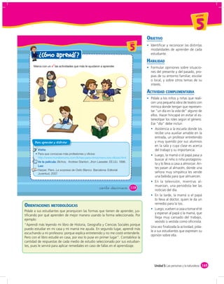 un id ad



                                                                                                                                 5
                                                                                            OBJETIVO
                                                                               u ni da dd
                                                                                  un ida


                                                                                  5           Identiﬁcar y reconocer las distintas
                                                                                              modalidades de aprender de cada
                                                                                              estudiante.
          ¿ Cómo aprendí ?
                                                                                            HABILIDAD
                                                                                              Formular opiniones sobre situacio-
                                                                                              nes del presente y del pasado, pro-
                                                                                              pias de su entorno familiar, escolar
                                                                                              o local, y sobre otros temas de su
                                                                                              interés.

                                                                                            ACTIVIDAD COMPLEMENTARIA
                                                                                              Pídale a los niños y niñas que reali-
                                                                                              cen una pequeña obra de teatro con
                                                                                              mímica donde tengan que represen-
                                                                                              tar “un día en la vida de” alguno de
                                                                                              ellos. Hacer hincapié en evitar el es-
                                                                                              tereotipar los roles según el género.
                                                                                              Ese “día” debe incluir:
                                                                                                 Asistencia a la escuela donde los
                                                                                                 recibe una auxiliar amable en la
                                                                                                 entrada, un profesor entretenido
       Para aprender y disfrutar                                                                 y muy querido por sus alumnos
                                                                                                 en la sala y cuya clase es acerca
         Visita:                                                                                 del trabajo y su importancia.
         Para que conozcas más profesiones y oficios:                                            Luego, la mamá o el papá pasa a
         http://www.mundomumu.com/fichas-para-ninos/menu-los-oficios.html
                                                                                                 buscar al niño o niña protagonis-
         Ve la película: Bichos, Andrew Stanton, Jhon Lasseter. EE.UU. 1998.
                                                                                                 ta y lo lleva a casa a almorzar. An-
         Lee:
                                                                                                 tes pasan al almacén, donde una
         Harper, Piers. La sorpresa de Osito Blanco. Barcelona: Editorial
         Juventud, 2007.                                                                         señora muy simpática les vende
                                                                                                 una bebida para que almuercen.
                                                                                                 En la televisión, mientras al-
                                                                                                 muerzan, una periodista lee las
                                                       &ciento &diecinueve         119
                                                                                                 noticias del día.
                                                                                                 En la tarde, la mamá o el papá
                                                                                                 lo lleva al doctor, quien le da un
                                                                                                 remedio para la tos.
ORIENTACIONES METODOLÓGICAS
                                                                                                 Luego, vuelven a casa a tomar el té
Pídale a sus estudiantes que jerarquicen las formas que tienen de aprender, jus-
                                                                                                 y esperan al papá o la mamá, que
tiﬁcando por qué aprenden de mejor manera usando la forma seleccionada. Por
                                                                                                 llega muy cansado del trabajo,
ejemplo:
                                                                                                 vestido o vestida como oﬁcinista.
“Aprendí más leyendo mi libro de Historia, Geografía y Ciencias Sociales porque
                                                                                              Una vez ﬁnalizada la actividad, pída-
puedo estudiar en mi casa y mi mamá me ayuda. En segundo lugar, aprendí más
                                                                                              le a sus estudiantes que expresen su
escuchando a mi profesora: porque explica entretenido y no me costó entenderle.
                                                                                              opinión sobre ella.
Pero con el libro estudié en casa, por eso lo puse en primer lugar”. Contabilice la
cantidad de respuestas de cada medio de estudio seleccionado por sus estudian-
tes, pues le servirá para aplicar remediales en caso de fallas en el aprendizaje.




                                                                                                Unidad 5: Las personas y la naturaleza 165
 