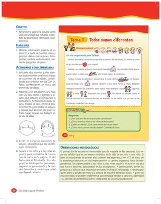 OBJETIVO
       Reconocer y valorar la escuela como
       una comunidad que refuerza el sen-
       tido de diversidad, identidad y per-
       tenencia.                                           Tema 1                 Todos somos diferentes
     HABILIDAD
                                                                 ¡Comencemos!           anzan   es
                                                                                                  cuela   útiles     autos       oreno   rubios
                                                                                                                                                          e
                                                                                                                                                       igu ño           olo
                                                                                                                                                                      ac r




                                                                                                                             m
                                                                                    m




                                                                                                                                                  tr


                                                                                                                                                            s
                                                                                            a




                                                                                                                                     s




                                                                                                                                                                niñ
       Obtener información explícita de su




                                                                                                                                                                          ina
       entorno a partir de fuentes orales y
       gráficas dadas (narraciones, foto-             Un día importante para Isidora
       grafías, medios audiovisuales), me-               Isidora se levantó contenta porque era su primer día de clases. Su mamá le puso
       diante preguntas dirigidas.
                                                      en la mochila una       y un yogurt.
     ACTIVIDADES COMPLEMENTARIAS                         Isidora y su mamá se fueron caminando hasta la                  . Su mamá le decía que se
     1. Solicítele a los alumnos y a las alum-
                                                      portara bien, cuidara sus            y le hiciera caso a la profesora.
        nas que presenten una foto o dibujo
        de su primer día de clases, comen-               Isidora miraba los árboles y escuchaba el ruido de los                               y los buses.
        tando qué sintieron ese día. Con las
        fotos, confeccionen un mural del              Cuando llegó a la           , Isidora observó a los otros niños y niñas. Estaban
        primer día de clases.                         vestidos también de uniforme, pero todos eran distintos: unos                                , algunos
     2. Presente a los estudiantes una hoja
                                                              y otros        . Entonces vio a una                  . Era Alicia, su vecina. Sonó el
        con una cara como el ejemplo y pí-
        dales que dibujen al compañero o              timbre para entrar a clases e Isidora se despidió de su mamá con un beso y fue
        compañera, destacando su color de
        pelo, el color de ojos, etcétera. Pos-        corriendo a saludar a su amiga.
        teriormente, junte todos los dibujos
        y pídales que adivinen de quién se
        trata, luego peguen sus trabajos en
        la sala de clase.
                                                         1. ¿Por qué ese día era importante para Isidora?
                                                         2. ¿Cómo eran los niños y las niñas de la escuela?
                                                         3. ¿Quién era Alicia? ¿Qué características físicas tenía?
                                                         4. ¿Cómo fue tu primer día de clases? Cuéntale al curso.


                                                    10   &diez
     3. Creen en conjunto canciones de
        saludo y despedida que los identiﬁ-
        quen como curso.                         ORIENTACIONES METODOLÓGICAS
     4. Separe a los niños y a las niñas en      El primer día de escuela es memorable para la mayoría de las personas. Los ex-
        grupos para representar la historia      pertos señalan que es un evento simbólico en la vida de un niño o una niña. Si
        que se narra en la página 10 del         bien los estudiantes de primer año tuvieron esa experiencia en NT2, el inicio de
        Texto para el Estudiante. En cada        la enseñanza básica es un hito importante en su camino progresivo hacia la inde-
        grupo se distribuyen los personajes,     pendencia. Se sugiere pedirle a los niños y a las niñas seguir la lectura en voz alta
        preparan su presentación y la pue-       que hará el docente, apoyándose en los pictogramas. A continuación, leerles las
        den desarrollar a medida que usted       preguntas y solicitar que respondan en forma individual, reforzando el respeto por
        vaya leyendo el texto.                   quien pidió la palabra primero y la actitud de escucha del grupo curso. A partir de
                                                 esta actividad, se pueden implementar acciones que tiendan a valorar su identidad
                                                 y su sentido de pertenencia como integrantes de la comunidad escolar.



24     Guía Didáctica para el Profesor
 