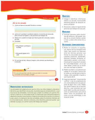 un id ad



                                                                                                                                     1
                                                                                                                                 u n id a d




                                                                                           OBJETIVOS
                                                        Identifico y descubro u ni da dd
                                                                                 un ida



                                                                                    1         Indagar e identificar información
                                                                                              relativa a la escuela, reconociendo
                                                                                              elementos básicos de ubicación es-
    Así es mi escuela
                                                                                              pacial y temporal.
    1.
                                                                                              Reconocer y valorar el aporte de las
                                                                                              personas que trabajan en la escuela.

                                                                                           HABILIDAD
    2.                                                                                        Formular opiniones sobre situacio-
                                                                                              nes del presente y del pasado, pro-
    3.                                                                                        pias de su entorno familiar, escolar
                                                                                              o local, y sobre otros temas de su
    4.                                                                                        interés.

          Mi profesor o profesora
                                                                                           ACTIVIDADES COMPLEMENTARIAS
          se llama                                                                         1. Realice en conjunto un esquema,
                                                                                              con alguna técnica escogida entre
                                                                                              todos, que muestre las relaciones
          Mi escuela queda en la                                                              entre las distintas personas que
          calle                                                                               forman la comunidad escolar: es-
                                                                                              tudiantes, profesores, apoderados,
                                                                                              directivos, auxiliares, secretarias, re-
    5.                                                                                        cepcionista o portero, entre otros.
                                                                                              Construyan en conjunto el concepto
                                                                                              de “comunidad escolar”, en la cual
                                                                                              todos deben cumplir con su misión
                                                                                              para que esta logre su objetivo.
                                                                                           2. Pídales que elijan a una persona que
                                                                                              trabaje en la escuela y solicite que
      En la        aprendes cada día cosas que antes no conocías                              le cuente al curso de qué se trata su
      y compartes con tus amigos y amigas.                                                    trabajo, cómo aprendió a hacerlo y
                                                                                              qué le gusta de él.
                                                                      &quince        15    3. Haga que expongan “situaciones de
                                                                                              conﬂicto” o de no cumplimiento de
                                                                                              una norma dentro de la escuela por
                                                                                              parte de algún niño o niña. Pídales
ORIENTACIONES METODOLÓGICAS                                                                   que opinen respecto de la situación
                                                                                              descrita, y que comenten por qué
Las actividades de la página buscan que los niños y las niñas indaguen y descubran
                                                                                              pudo haber ocurrido esta situación,
elementos que identiﬁcan a la escuela, situándola espacial y temporalmente, y que
                                                                                              cómo se podría evitar, qué actitud
reconozcan las actividades y funciones que cumplen los adultos con quienes inte-
                                                                                              deben tomar los estudiantes del
ractúan a diario en la comunidad escolar. Es importante que el docente propicie la
                                                                                              curso si se ven enfrentados a una
adquisición de estos conocimientos a través de recorridos por el recinto y su entorno
                                                                                              situación similar.
y que, previo a la realización de estas actividades, pida a los distintos miembros de
la comunidad escolar –director o directora, otros docentes y personal auxiliar– que
atiendan al grupo y le cuenten acerca del trabajo que realizan.




                                                                                           Unidad 1: Personas distintas, un mismo país        29
 