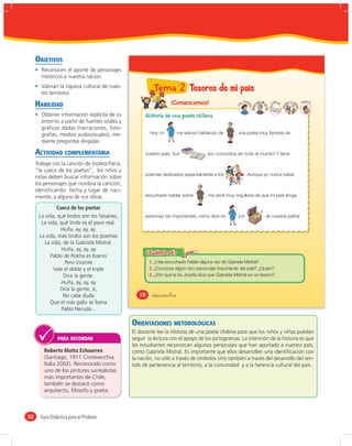 OBJETIVOS
       Reconocen el aporte de personajes
       históricos a nuestra nación.
       Valoran la riqueza cultural de nues-
       tro territorio.
                                                          Tema 2 Tesoros de mi país
     HABILIDAD                                                     ¡Comencemos!                           o
                                                                                                       a J se          iela Mi          r
                                                                                                                                     Lib os         os y ni
                                                                                                                                                                  sor
                                                                                                                                                                Te o




                                                                                                     Tí




                                                                                                                                              Niñ
                                                                                                                Gabr
                                                                                                            fa




                                                                                                                                                          ña
                                                                                                                             str




                                                                                                                                                            s
                                                                                                                                al
       Obtener información explícita de su            Historia de una poeta chilena
       entorno a partir de fuentes orales y
       gráficas dadas (narraciones, foto-
       grafías, medios audiovisuales), me-              Hoy mi        me estuvo hablando de         , una poeta muy famosa de
       diante preguntas dirigidas.

     ACTIVIDAD COMPLEMENTARIA                         nuestro país. Sus               son conocidos ¡en todo el mundo! Y tiene

     Trabaje con la canción de Violeta Parra,
     “la cueca de los poetas”, los niños y
                                                      poemas dedicados especialmente a los                . Aunque yo nunca había
     niñas deben buscar información sobre
     los personajes que nombra la canción,
     identiﬁcando: fecha y lugar de naci-
     miento, y alguna de sus obras.                   escuchado hablar sobre         , me sentí muy orgullosa de que mi país tenga

               Cueca de los poetas
      La vida, qué lindos son los faisanes,           personas tan importantes, como dice mi          ¡Un                        de nuestra patria!
       La vida, qué lindo es el pavo real.
                Huifa, ay, ay, ay.
      La vida, más lindos son los poemas
         La vida, de la Gabriela Mistral.
                 Huifa, ay, ay, ay
           Pablo de Rokha es bueno
                  Pero Vicente                          1. ¿Has escuchado hablar alguna vez de Gabriela Mistral?
             Vale el doble y el triple                  2. ¿Conoces algún otro personaje importante del país? ¿Quién?
                  Dice la gente.                        3. ¿Por qué la tía Josefa dice que Gabriela Mistral es un tesoro?
                 Huifa, ay, ay, ay
                Dice la gente, sí,
                  No cabe duda                     18    &dieciocho
           Que el más gallo se llama
                 Pablo Neruda...

                                                ORIENTACIONES METODOLÓGICAS
                                                El docente lee la Historia de una poeta chilena para que los niños y niñas puedan
                PARA RECORDAR                   seguir la lectura con el apoyo de los pictogramas. La intención de la historia es que
                                                los estudiantes reconozcan algunos personajes que han aportado a nuestro país,
         Roberto Matta Echaurren                como Gabriela Mistral. Es importante que ellos desarrollen una identiﬁcación con
         (Santiago, 1911 Civitavecchia,         la nación, no sólo a través de símbolos sino también a través del desarrollo del sen-
         Italia 2002). Reconocido como          tido de pertenencia al territorio, a la comunidad y a la herencia cultural del país.
         uno de los pintores surrealistas
         más importantes de Chile,
         también se destacó como
         arquitecto, ﬁlósofo y poeta.



32     Guía Didáctica para el Profesor
 