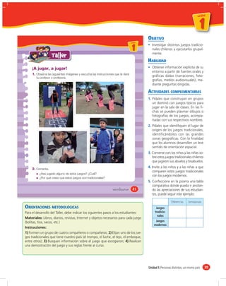 un id ad



                                                                                                                                     1
                                                                                                                                 u n id a d




                                                                                           OBJETIVO
                                                                              u ni da dd
                                                                                 un ida



                                                                                  1           Investigar distintos juegos tradicio-
                                                                                              nales chilenos y ejecutarlos grupal-
                                                                                              mente.
                    Taller
                                                                                           HABILIDAD
     ¡A jugar, a jugar!                                                                       Obtener información explícita de su
                                                                                              entorno a partir de fuentes orales y
     1. Observa las siguientes imágenes y escucha las instrucciones que te dará
                                                                                              gráficas dadas (narraciones, foto-
        tu profesor o profesora.
                                                                                              grafías, medios audiovisuales), me-
                                                                                              diante preguntas dirigidas.

                                                                                           ACTIVIDADES COMPLEMENTARIAS
                                                                                           1. Pídales que construyan en grupos
                                                                                              un dominó con juegos típicos para
                                                                                              jugar en la sala de clases. En las ﬁ-
                                                                                              chas se pueden plasmar dibujos o
                                                                                              fotografías de los juegos, acompa-
                                                                                              ñadas con sus respectivos nombres.
                                                                                           2. Pídales que identiﬁquen el lugar de
                                                                                              origen de los juegos tradicionales,
                                                                                              identificándolos con las grandes
                                                                                              zonas geográﬁcas. Con la ﬁnalidad
                                                                                              que los alumnos desarrollen un leve
                                                                                              sentido de orientación espacial.
                                                                                           3. Converse con los niños y las niñas so-
                                                                                              bre estos juegos tradicionales chilenos
                                                                                              que jugaron sus abuelos y bisabuelos.
                                                                                           4. Invite a los niños y a las niñas a que
     2. Comenta.
                                                                                              comparen estos juegos tradicionales
          ¿Has jugado alguno de estos juegos? ¿Cuál?
                                                                                              con los juegos modernos.
          ¿Por qué crees que estos juegos son tradicionales?
                                                                                           5. Confeccione en la pizarra una tabla
                                                                                              comparativa donde pueda ir anotan-
                                                                  veintiuno        21         do las apreciaciones de sus estudian-
                                                                                              tes, puede seguir este ejemplo:

                                                                                                             Diferencias    Semejanzas
ORIENTACIONES METODOLÓGICAS                                                                      Juegos
Para el desarrollo del Taller, debe indicar los siguientes pasos a los estudiantes:             tradicio-
                                                                                                  nales
Materiales: Libros, diarios, revistas, Internet y objetos necesarios para cada juego
(bolitas, tiza, sacos, etc.)                                                                    Juegos
                                                                                               modernos
Instrucciones:
1) Formen un grupo de cuatro compañeros o compañeras; 2) Elijan uno de los jue-
gos tradicionales que tiene nuestro país (el trompo, el luche, el tejo, el emboque,
entre otros); 3) Busquen información sobre el juego que escogieron; 4) Realicen
una demostración del juego y sus reglas frente al curso.




                                                                                           Unidad 1: Personas distintas, un mismo país        35
 
