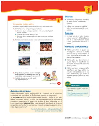 un id ad



                                                                                                                                           1
                                                                                                                                       u n id a d




                                                                                                 OBJETIVOS
                                                        Reconozc
                                                                o, comento y relato u ni da dd
                                                                                       un ida



                                                                                          1         Identiﬁcar y comprender el sentido
                                                                                                    de celebraciones tradicionales
                                                                                                    chilenas.
    Mi comunidad también celebra
    En nuestro país se celebran fiestas a nivel nacional y otras a nivel local.                     Indagar con una persona adulta
    1.
                                                                                                    sobre formas de celebración en el
                                                                                                    pasado.
          ¿Conoces alguna fiesta que se celebre en tu comunidad? ¿Cuál?
          ¿En qué consiste?
          ¿Tu familia participa en alguna? ¿Cuál?
                                                                                                 HABILIDAD
          ¿Conoces alguna fiesta o celebración que se realice en otro lugar                         Formular opiniones sobre situacio-
          del país?                                                                                 nes del presente y del pasado, pro-
    2.                                                                                              pias de su entorno familiar, escolar
                                                                                                    o local, y sobre otros temas de su
                                                                                                    interés.

                                                                                                 ACTIVIDADES COMPLEMENTARIAS
                                                                                                 1. Pídales que realicen en grupos una
                                                                                                    investigación acerca de las ﬁestas
                                                                                                    mencionadas y disertar frente al
                                                                                                    curso, exponiendo el resultado con
                                                                                                    el apoyo de imágenes.
                                                                                                 2. Propóngales que dramaticen en
                                                                                                    grupos alguna de estas ﬁestas tra-
                                                                                                    dicionales, incorporando vestuario,
                                                                                                    música y danza.
                                                                                                 3. Pídales que lleven a clases una fo-
                                                                                                    tografía en que algún adulto sig-
                                                                                                    niﬁcativo esté participando en una
    3.
                                                                                                    fiesta tradicional y que relaten la
                                                                                                    experiencia de esa persona en la ac-
    4.                                                                                              tividad.


                                                                          veintitrés       23
                                                                                                             DE RECURSOS

                                                                                                     Para conocer más sobre ﬁestas tra-
AMPLIACIÓN DE CONTENIDOS                                                                             dicionales.
Además de La Tirana, Tapati, minga y Fiesta de Cuasimodo, uno de los rituales                        http://www.profesorenlinea.cl/
tradicionales más importantes de la comunidad mapuche es el Nguillatun:                              artes/7BArtesAnexo_4.htm
“El NGUILLATUN es un rito fundamentalmente positivo. Consiste en una cele-
bración comunitaria, festiva y sacriﬁcial con el ﬁn de propiciar a las divinidades y
antepasados para obtener los dones de la fertilidad, la salud, el bienestar, etc. El
ánimo y espíritu del NGUILLATUN se materializa en la abundancia de alimentos
compartidos. Las familias los acumulan con meses de anticipación, para ser consu-
midos dispensiosamente”.
                                  Foerster, Rolf. Introducción a la Religiosidad Mapuche.
                                        Santiago de Chile: Editorial Universitaria, 1993.



                                                                                                 Unidad 1: Personas distintas, un mismo país        37
 