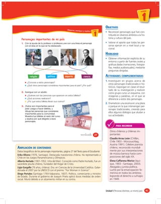 un id ad



                                                                                                                                        1
                                                                                                                                    u n id a d




                                                                                              OBJETIVOS
                                                    Obser vo, averi
                                                                   guo y explico u ni da dd
                                                                                    un ida



                                                                                       1         Reconocer personajes que han con-
                                                                                                 tribuido en diversos ámbitos a la his-
                                                                                                 toria y cultura del país.
    Personajes importantes de mi país
    1.                                                                                           Valorar el aporte que todas las per-
                                                                                                 sonas ejercen en a nivel local y na-
                                                                                                 cional.

                                                                                              HABILIDAD
                                                                                                 Obtener información explícita de su
                                                                                                 entorno a partir de fuentes orales y
                                                                                                 gráﬁcas dadas (narraciones, fotogra-
                                                                                                 fías, medios audiovisuales), mediante
                                                                                                 preguntas dirigidas.

            religión           política           deporte                ciencia              ACTIVIDADES COMPLEMENTARIAS
                                                                                              1. Investiguen en grupos acerca de
          ¿Conoces a estos personajes?
                                                                                                 otros personajes tradicionales e his-
          ¿Qué otros personajes consideras importantes para el país? ¿Por qué?
                                                                                                 tóricos. Expongan en clases el resul-
                                                                                                 tado de su investigación y realicen
    2.                                                                                           como grupo curso un esquema, con
          ¿Quiénes son las personas que aparecen en estos billetes?                              imágenes y palabras, en el que se
          ¿Qué acciones realizaron?                                                              diferencie a estos dos personajes.
          ¿Por qué estos billetes llevan sus rostros?
                                                                                              2. Dramaticen una escena en una plaza
    3.                                                                                           o parque en la que intervengan per-
                                                                                                 sonajes tradicionales, creando para
                                                                                                 ellos algunos diálogos que aludan a
                                                                                                 sus actividades.



                                                                                                         PARA RECORDAR

                                                                                                  Otros chilenos y chilenas im-
                                                                     veintisiete        27        portantes:
                                                                                                  Claudio Arrau León (Chillán,
                                                                                                  Chile 1903 - Mürzzuschlag,
                                                                                                  Austria 1991). Célebre pianista
AMPLIACIÓN DE CONTENIDOS                                                                          chileno, reconocido mundial-
Datos biográﬁcos de los personajes importantes, página 27 del Texto para el Estudiante:           mente por sus interpretaciones
                                                                                                  de música barroca hasta com-
Erika Olivera (1976, Santiago). Destacada maratonista chilena. Ha representado a
Chile en los Juegos Panamericanos y Olímpicos.                                                    posiciones del siglo XX.
Alberto Hurtado (1901-1952, Viña del Mar). Conocido como Padre Hurtado, fue un                    Elena Caffarena Morice (Iqui-
sacerdote jesuita chileno, fundador del Hogar de Cristo.                                          que, 1903 - Santiago, 2003).
Ligia Gargallo (76 años, chilena). Dra. en Ciencias de la Universidad Católica. Galar-            Abogada y jurista política.
donada el 2007 por la UNESCO con el premio “For Woman in Science”.                                Luchó por la emancipación fe-
Diego Portales (Santiago 1793-Valparaíso, 1837). Político, comerciante y ministro                 menina en todos los ámbitos;
de Estado. Durante el gobierno de Joaquín Prieto aplicó duras medidas de orden                    logrando el derecho a sufragio
social. Murió debido a un alzamiento militar en su contra.                                        en 1949.



                                                                                              Unidad 1: Personas distintas, un mismo país        41
 